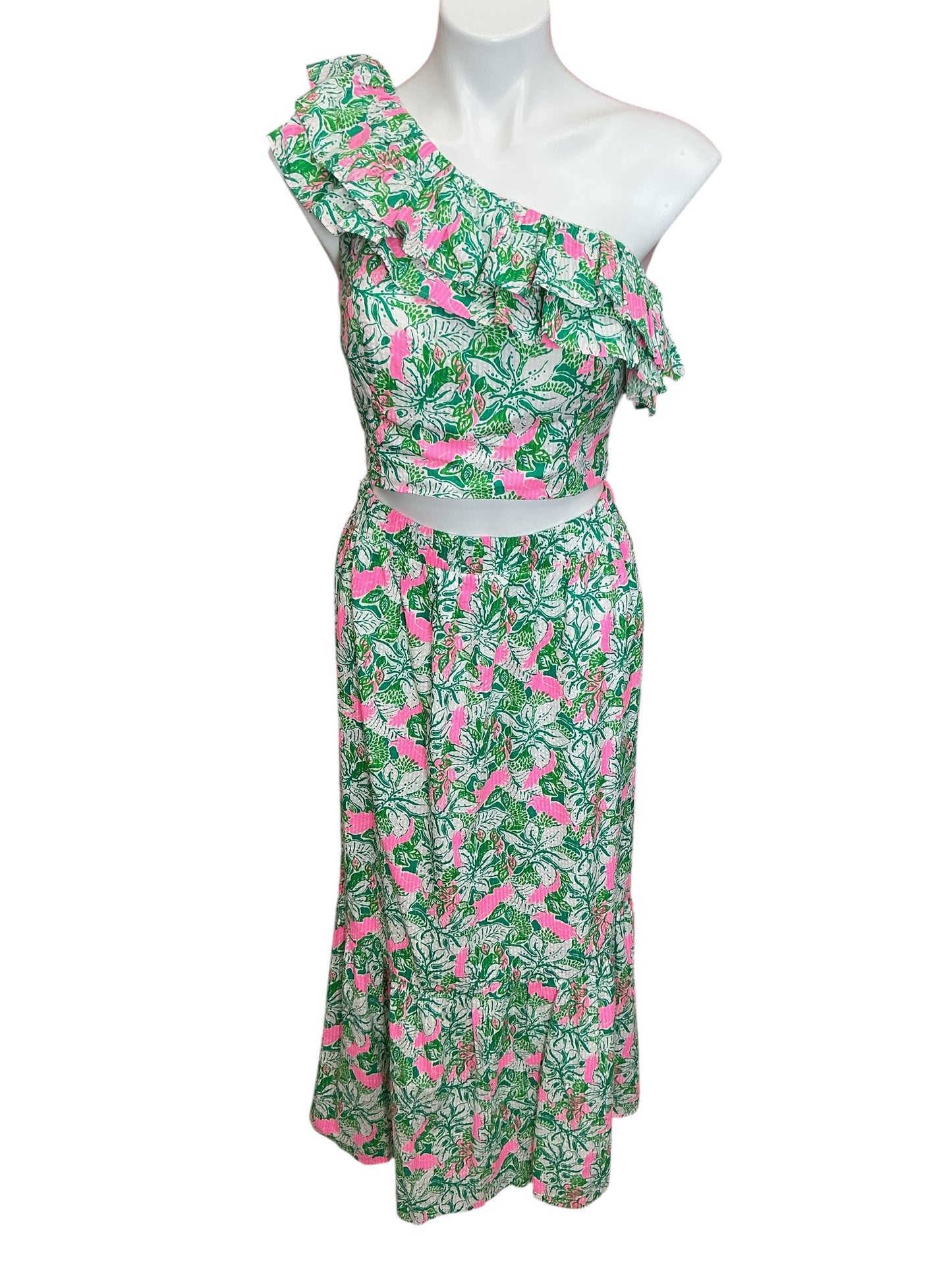 Lilly Pulitzer Kasida Ruffle 2-Piece Set Botanical Green Just Wing It - Size 4