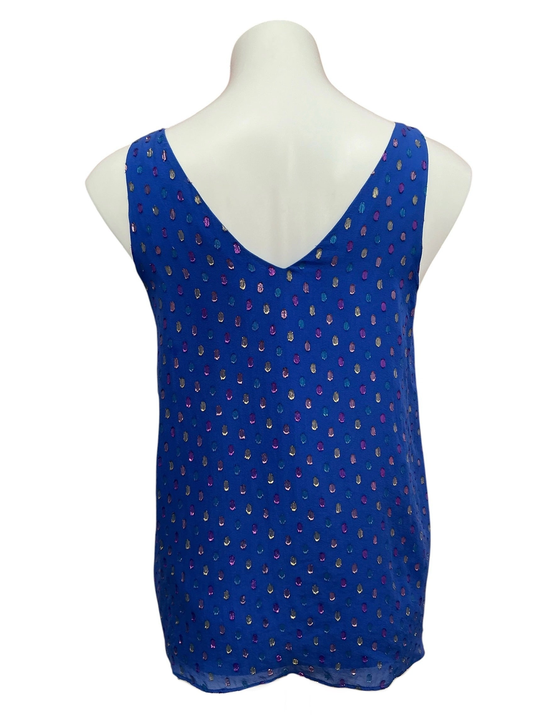 Lilly Pulitzer Florin Silk Sleeveless V-Neck Tank Top Blue Moroccan Metallic Clip - Size S