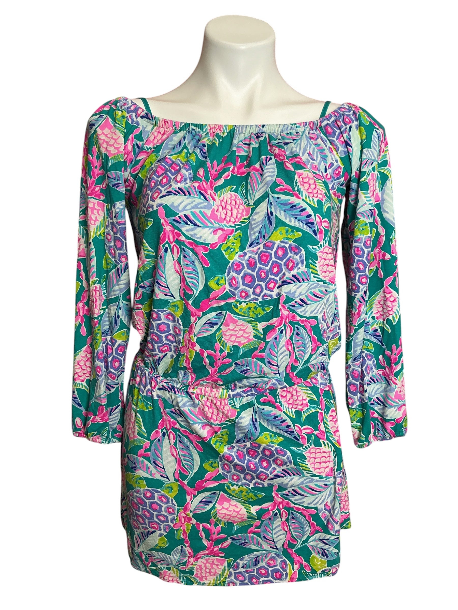 Lilly Pulitzer Lana Off-The-Shoulder Skort Romper Maldives Green Turtle Wave - Size XS