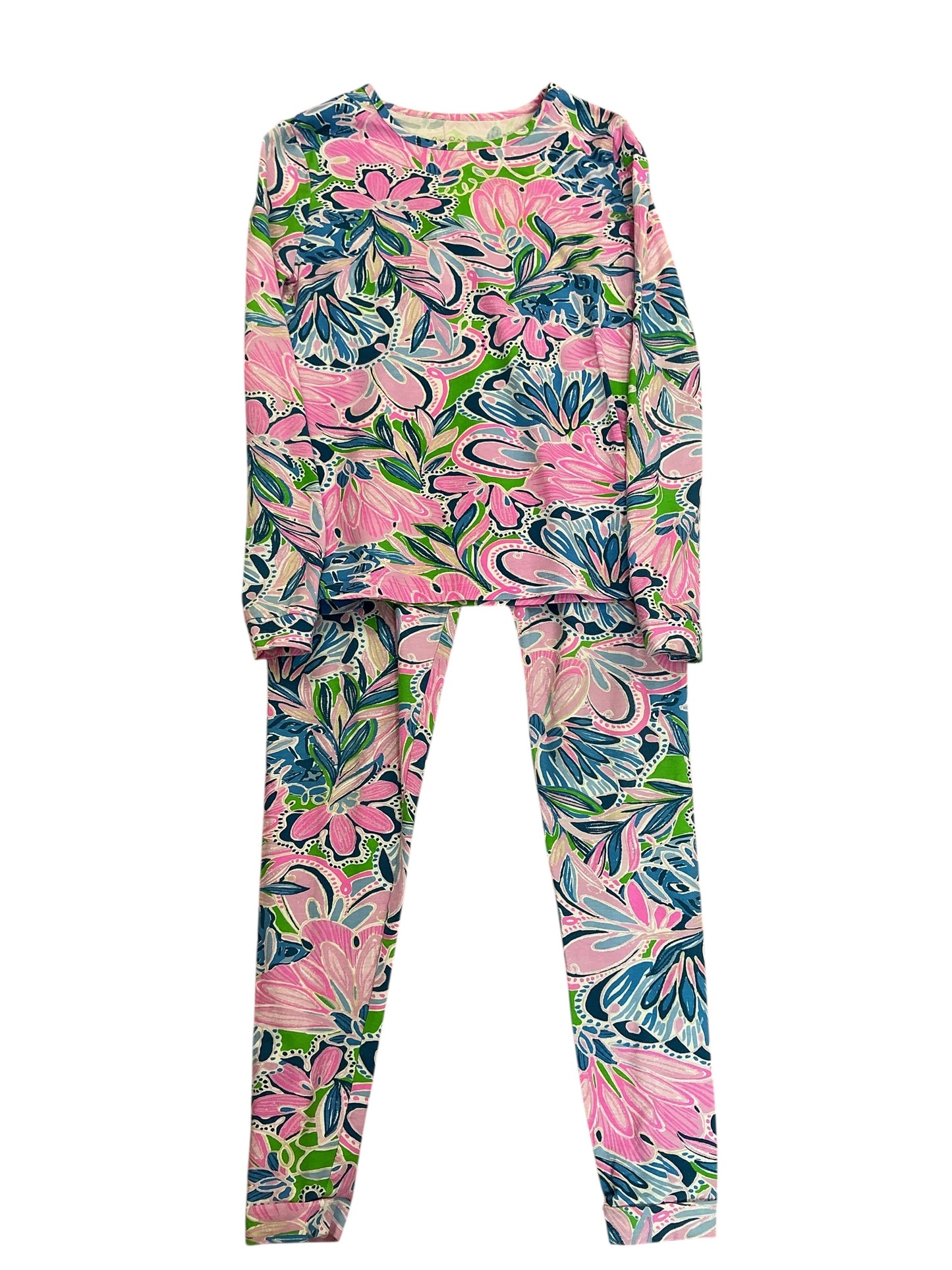 Lilly Pulitzer Girls Sammy Pajama Set Gecko Green Tiger Sunrise - Size 14