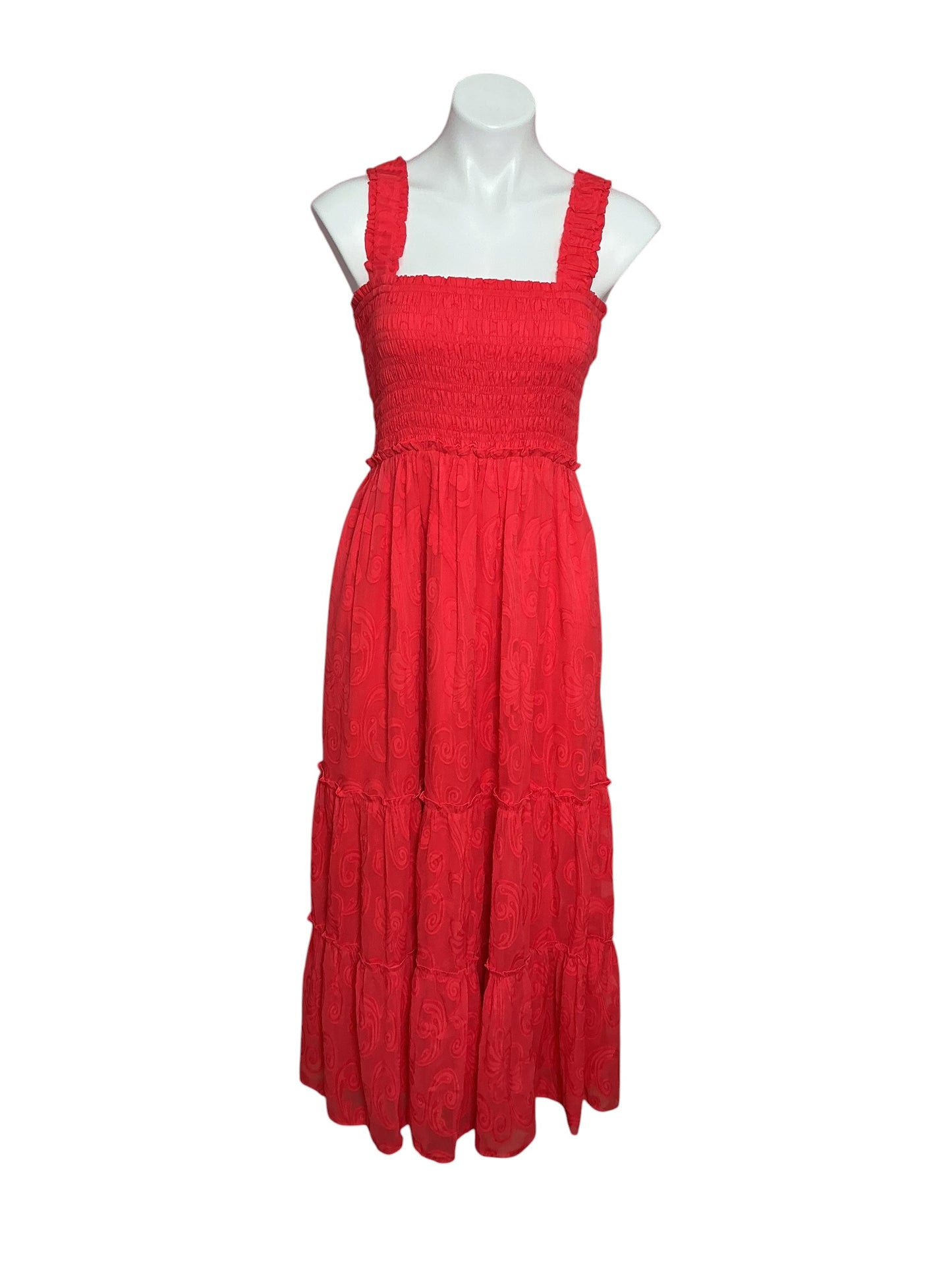 Lilly Pulitzer Hadly Smocked Maxi Dress Mizner Red Poly Crepe Swirl Clip- Size M