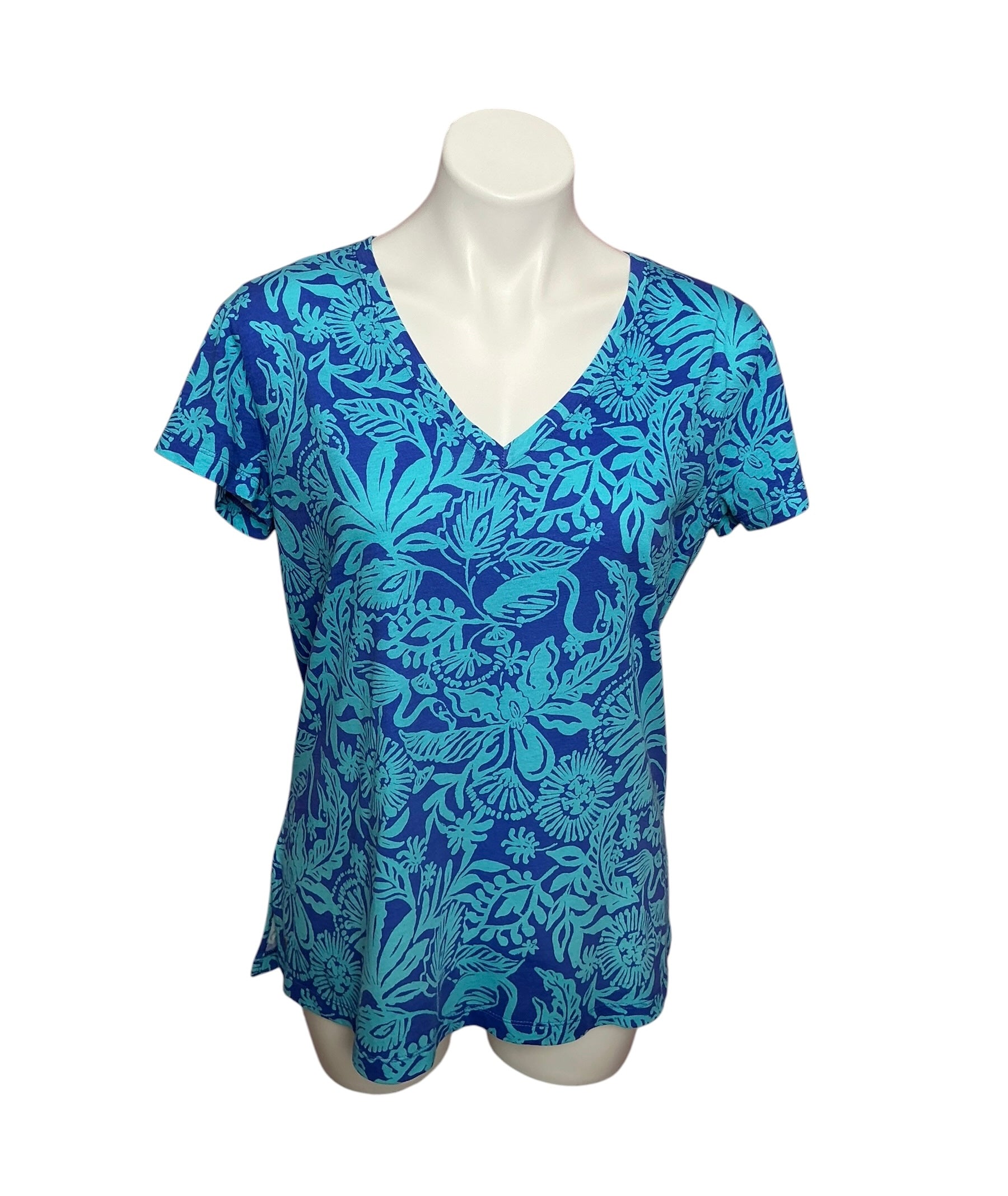 Lilly Pulitzer Meredith V-Neck Tee Martinique Blue Jungle Oasis - Size M