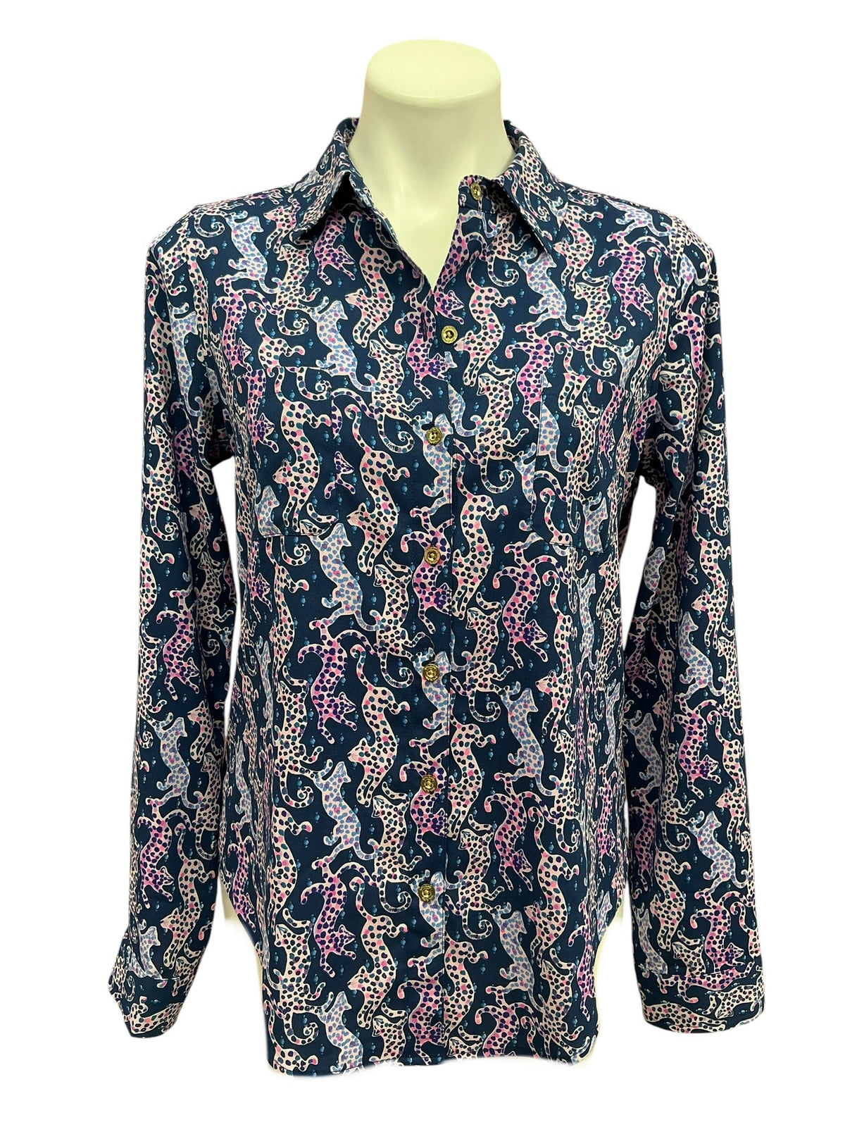 Lilly Pulitzer Sea View Button Down Top Oyster Bay Navy On The Catwalk - Size S