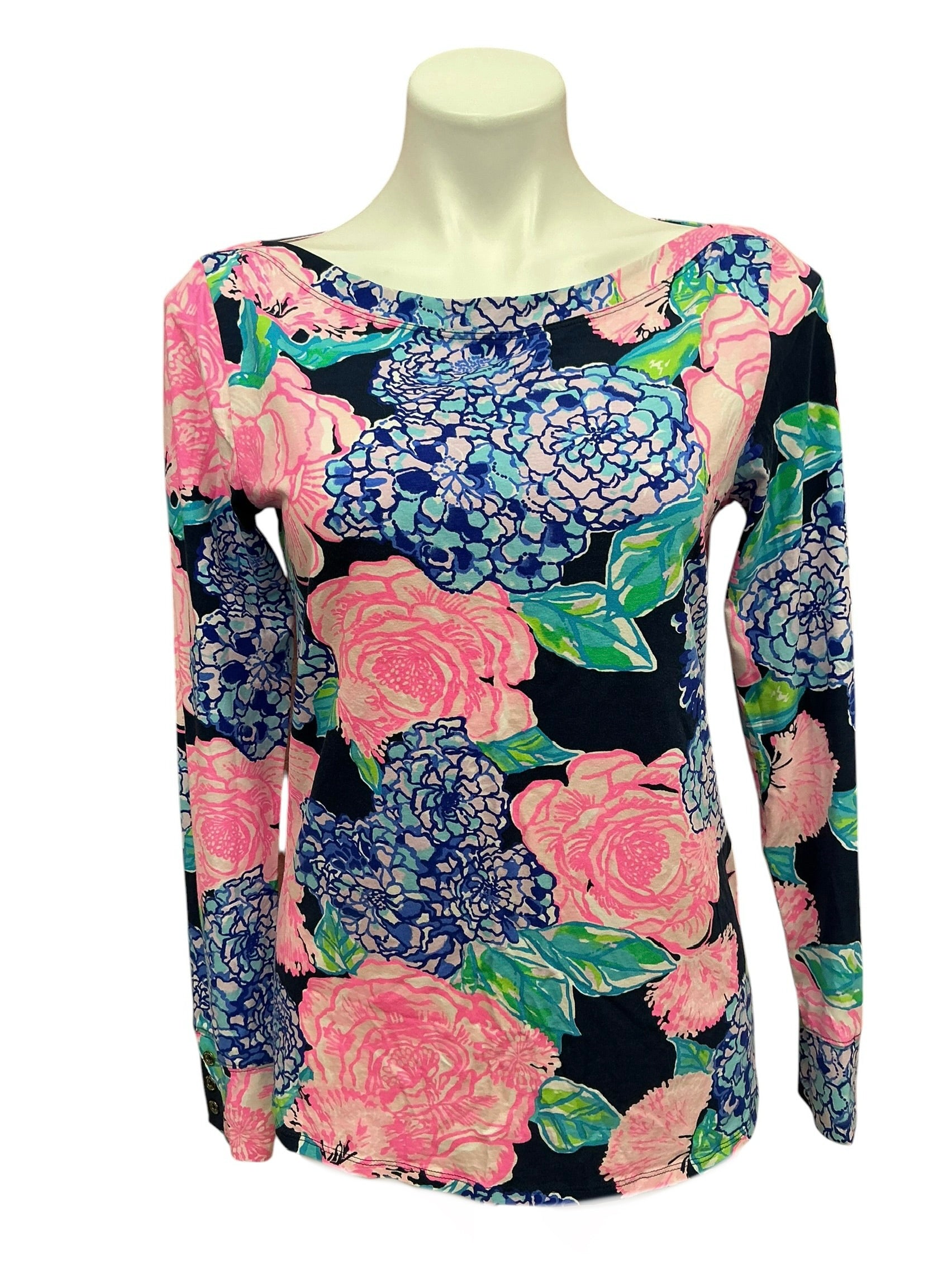 Lilly Pulitzer Aleah Top High Tide Navy Hey Hey Bouquet - Size L