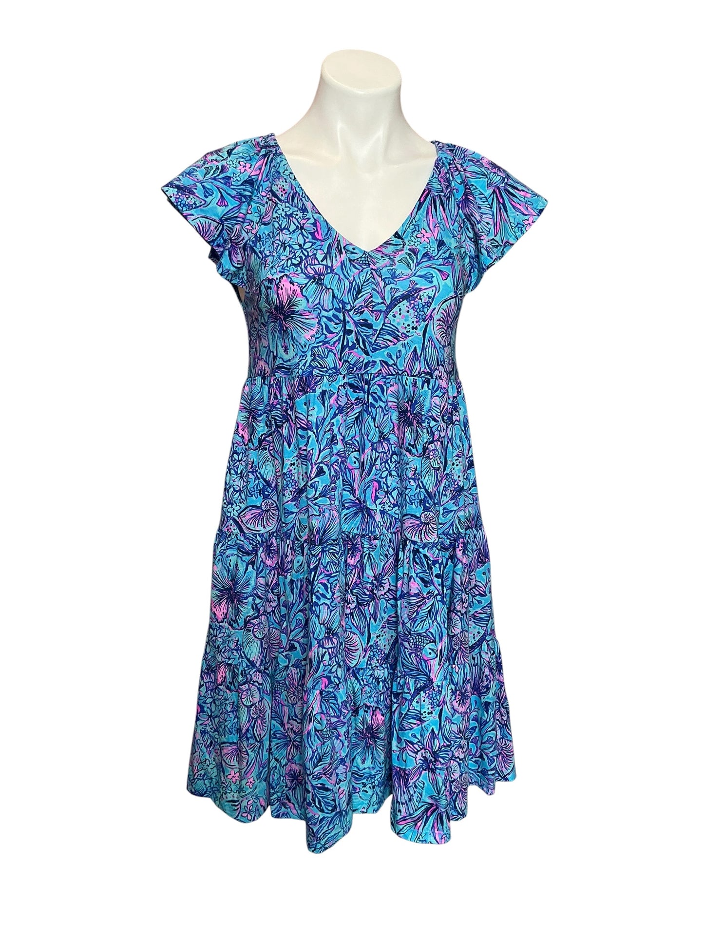 Lilly Pulitzer Kawai Flutter Sleeve Swing Dress Breakwater Blue Shells N Bells - Size XS