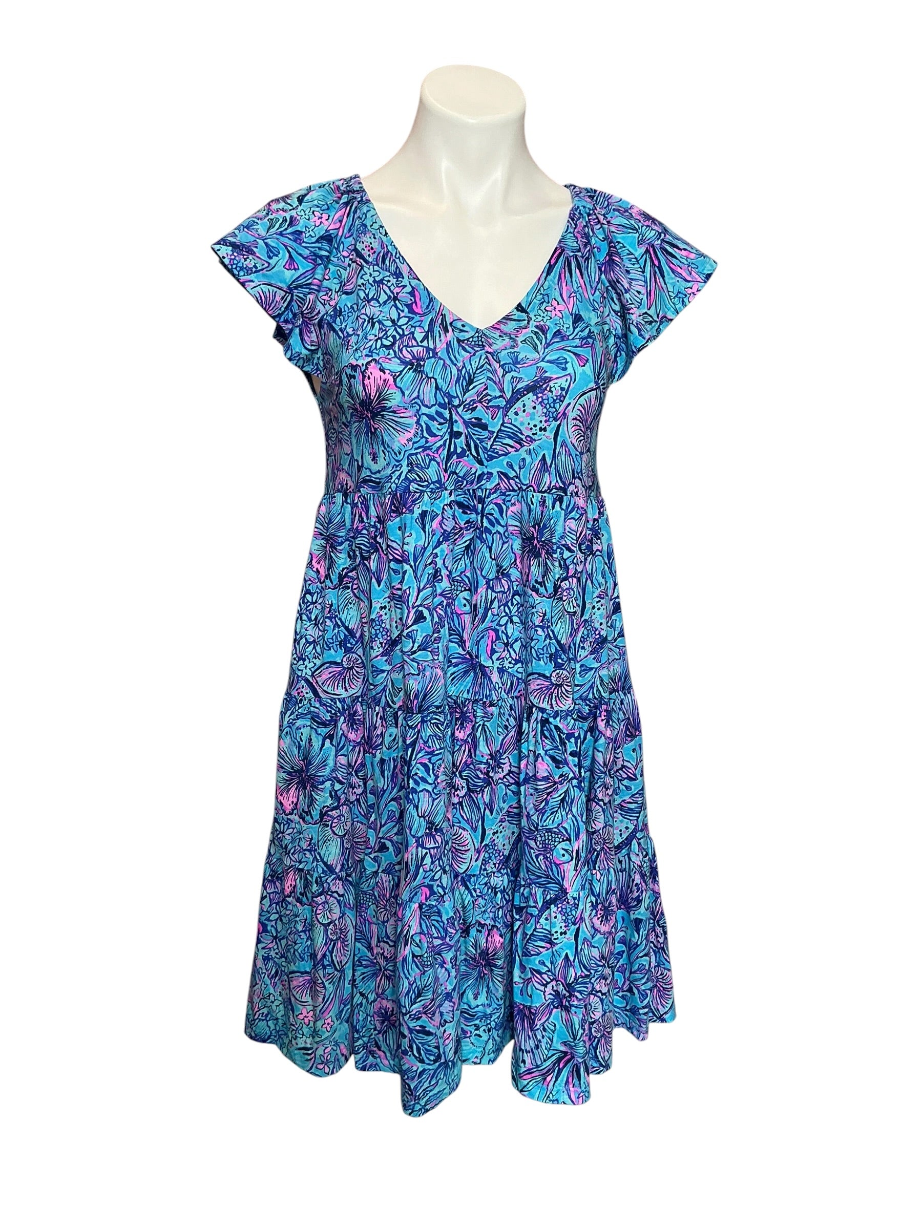 Lilly Pulitzer Kawai Flutter Sleeve Swing Dress Breakwater Blue Shells N Bells - Size XS