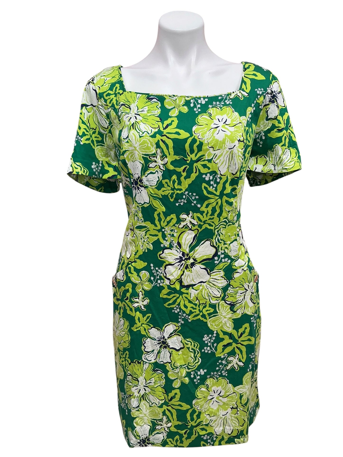 Lilly Pulitzer Short Sleeved Lilly Shift Dress Fiddle Leaf Green Once And Floral - Size 14