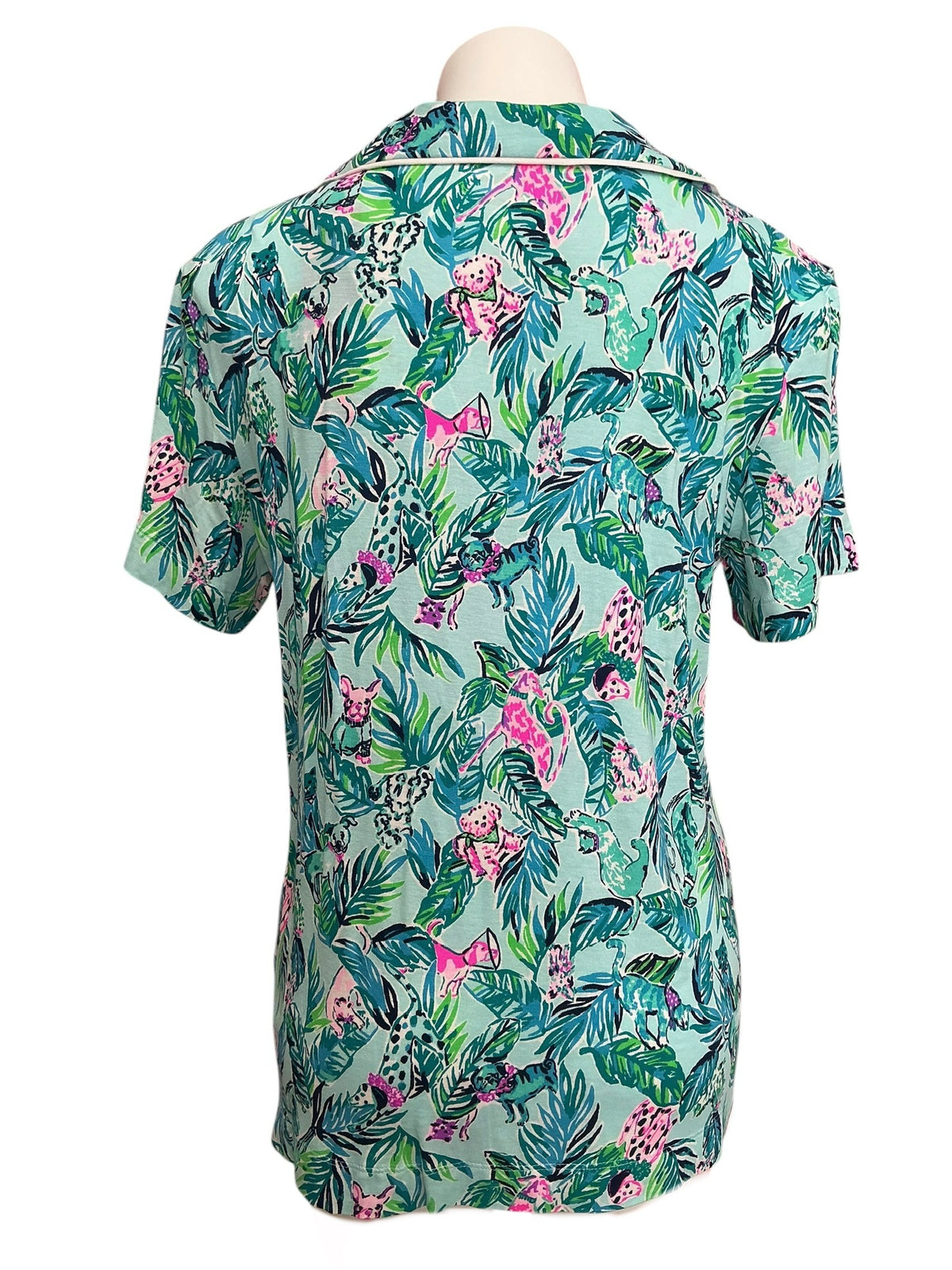 Lilly Pulitzer NWT PJ Knit Button Up Tee Sea Salt Blue Barking Up The Palm Tree - Size L