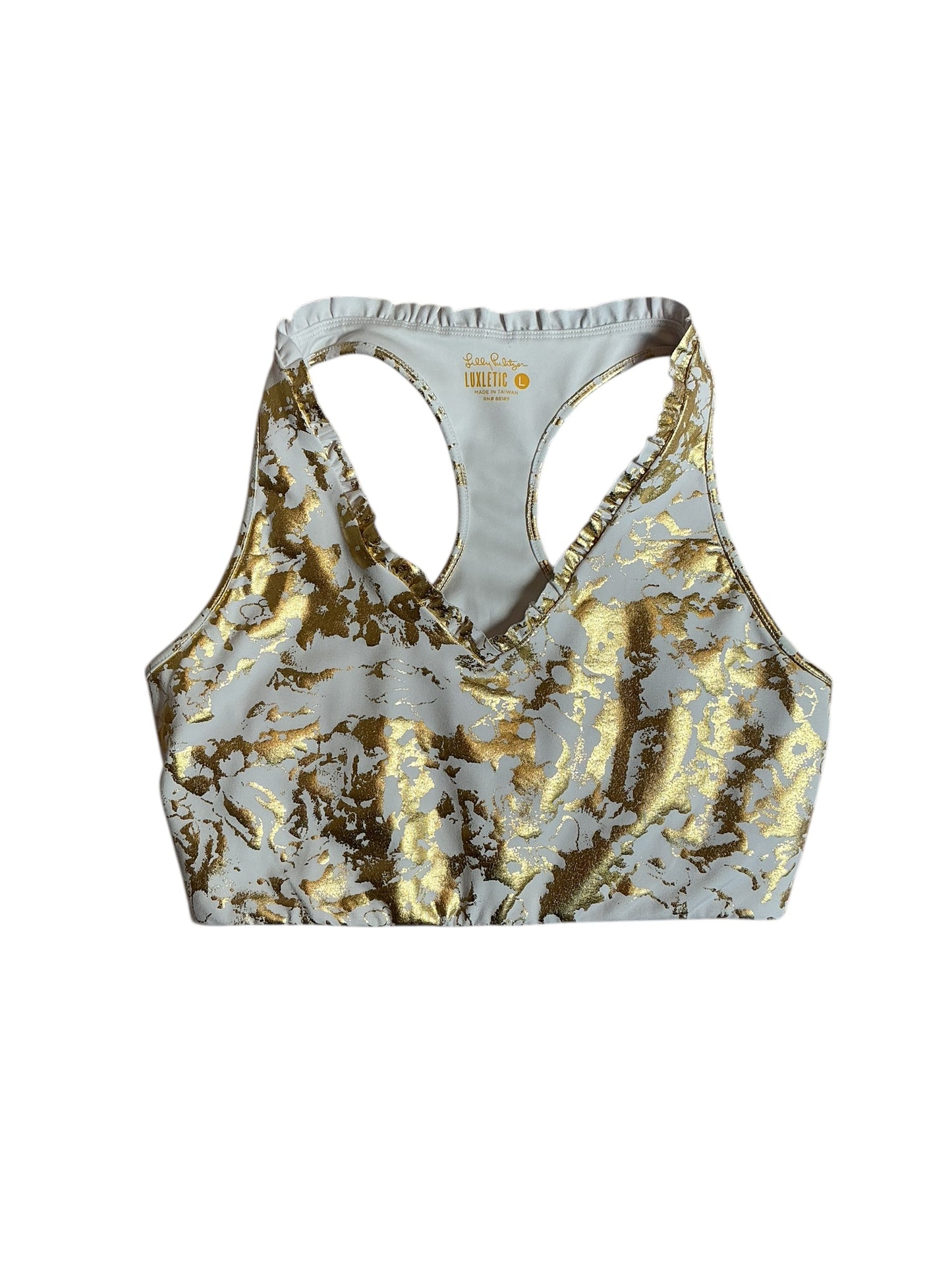 Lilly Pulitzer Lindsay Sports Bra UPF - Gold Shoreline Foil - Size L