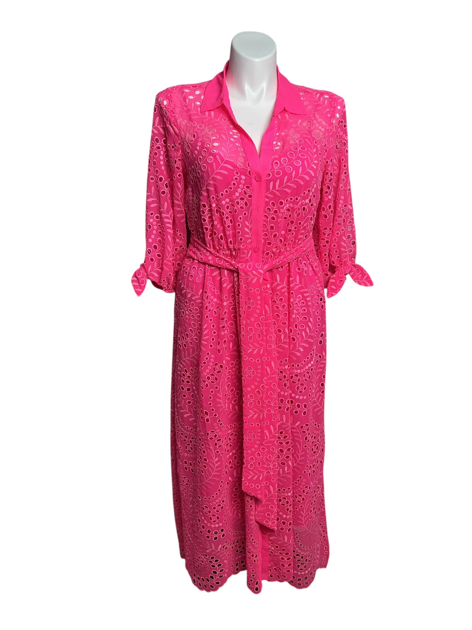 Lilly Pulitzer- NWT Amrita Midi Dress Pink Isle Swirly Fern Scalloped Eyelet Size 14