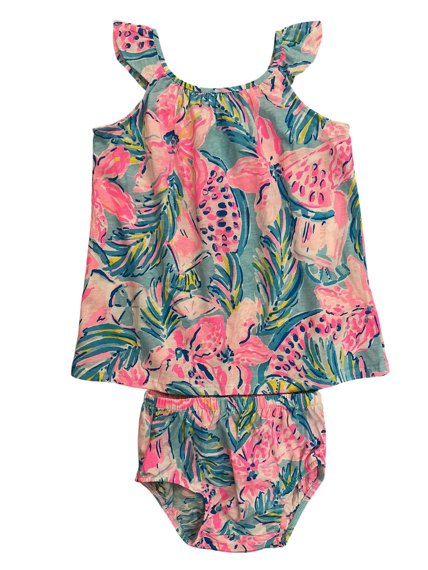 Lilly Pulitzer Kids Girls 2PC Set Jia Tank And Bloomers Blue Ibiza Pineapple Shake - Size 12-18 MO
