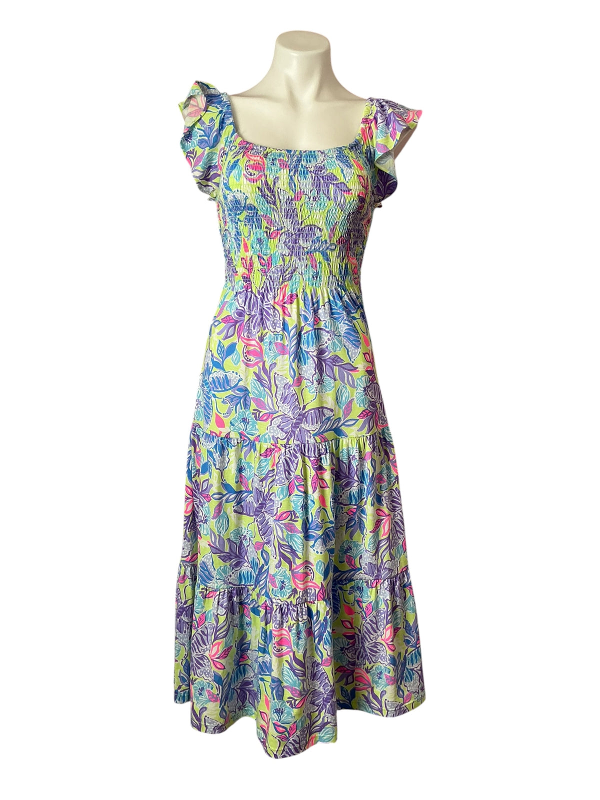 Lilly Pulitzer NWT Jilly Smocked Midi Dress Dew Drop Stay Fly - Size XS
