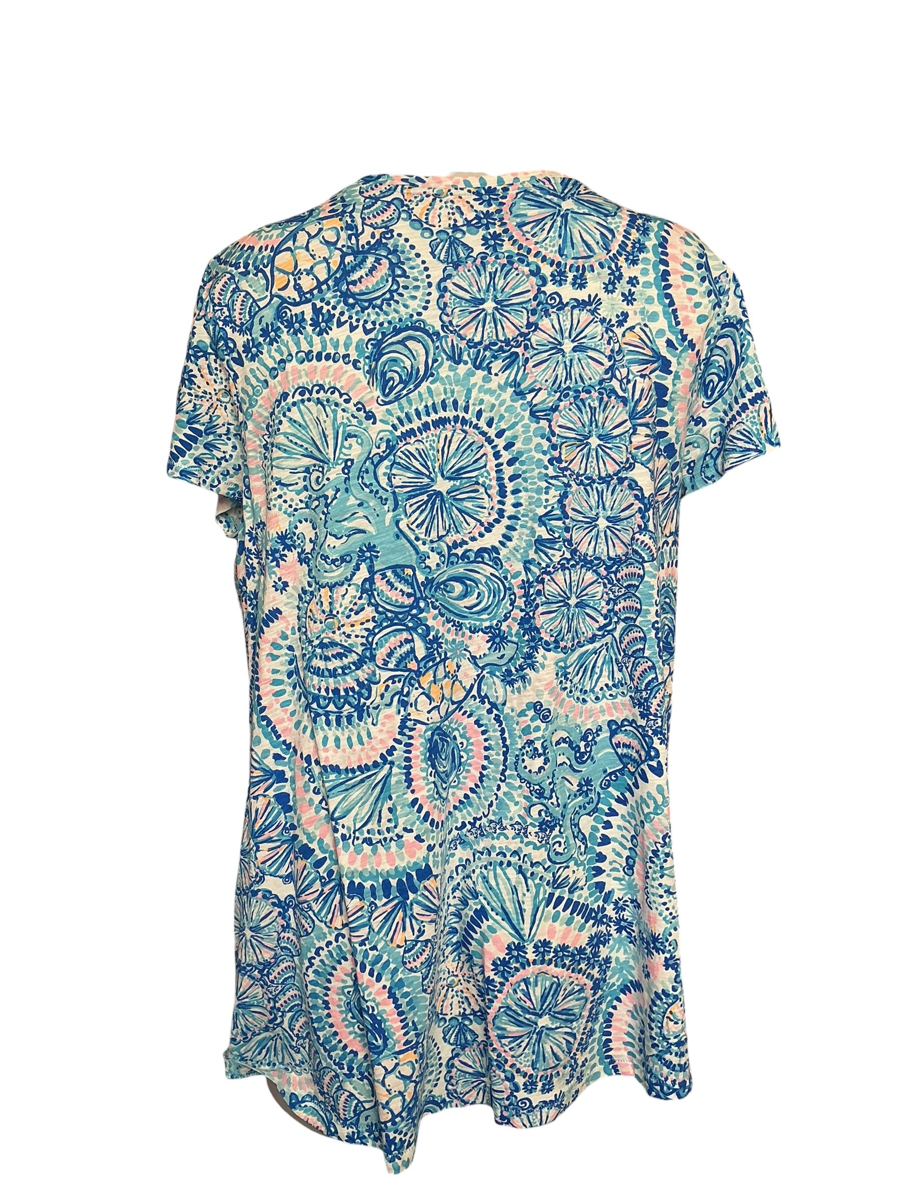 Lilly Pulitzer Etta V-Neck Tee - Blue Grotto Commotion In The Ocean - Size L