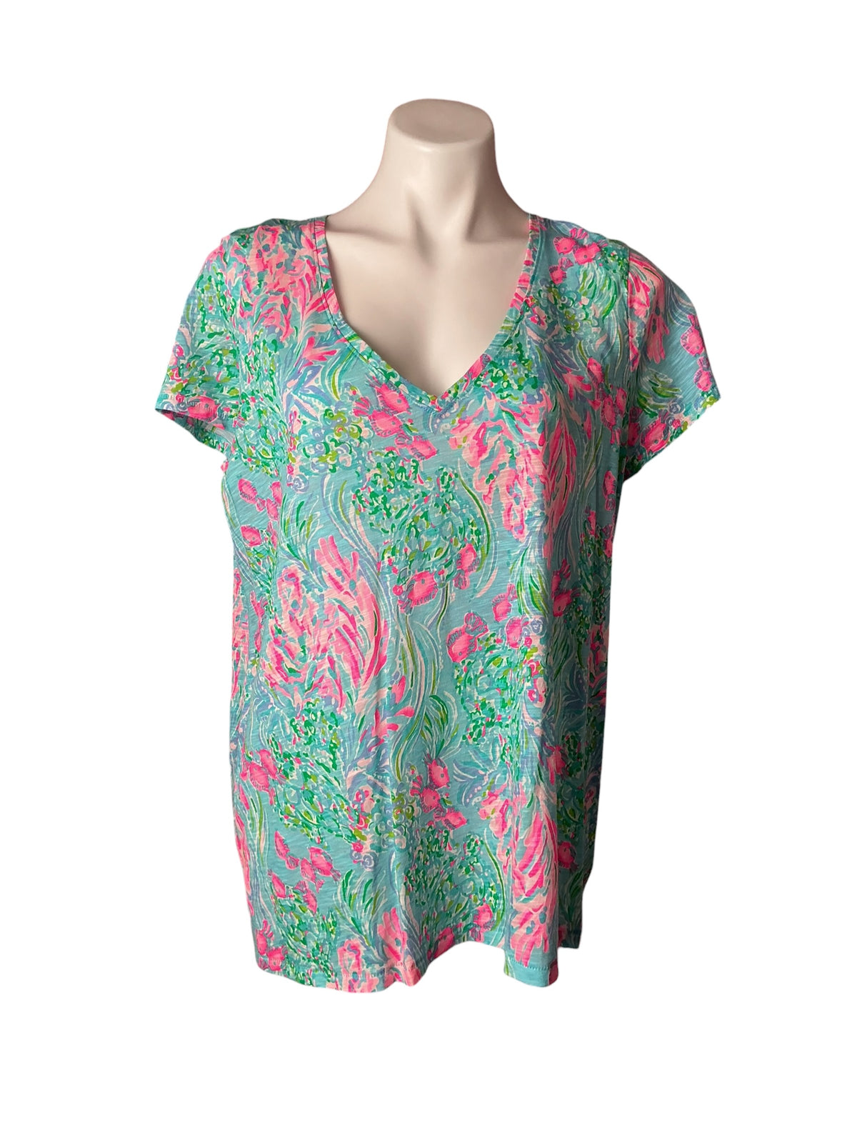 Lilly Pulitzer Etta V-Neck Top Amalfi Blue Fishes - Size L