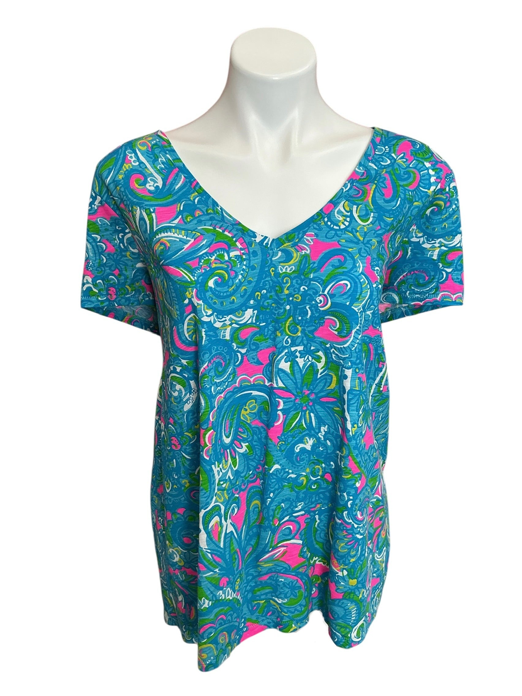 Lilly Pulitzer Etta V-Neck Top Seabreeze Blue Hey Gull Friend - Size XXL