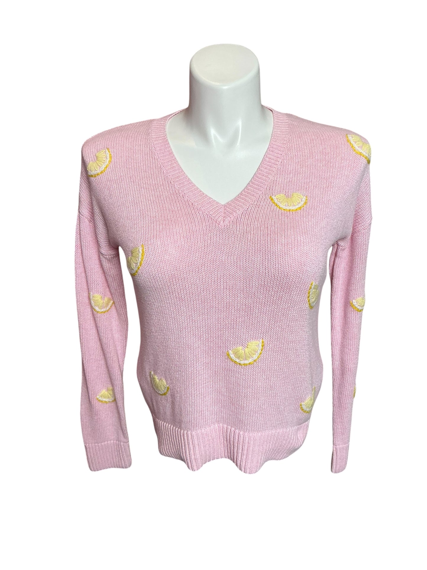 Lilly Pulitzer Tensley V-Neck Sweater Heathered Pink Muse Fresh Squeezed Embroidery - Size S