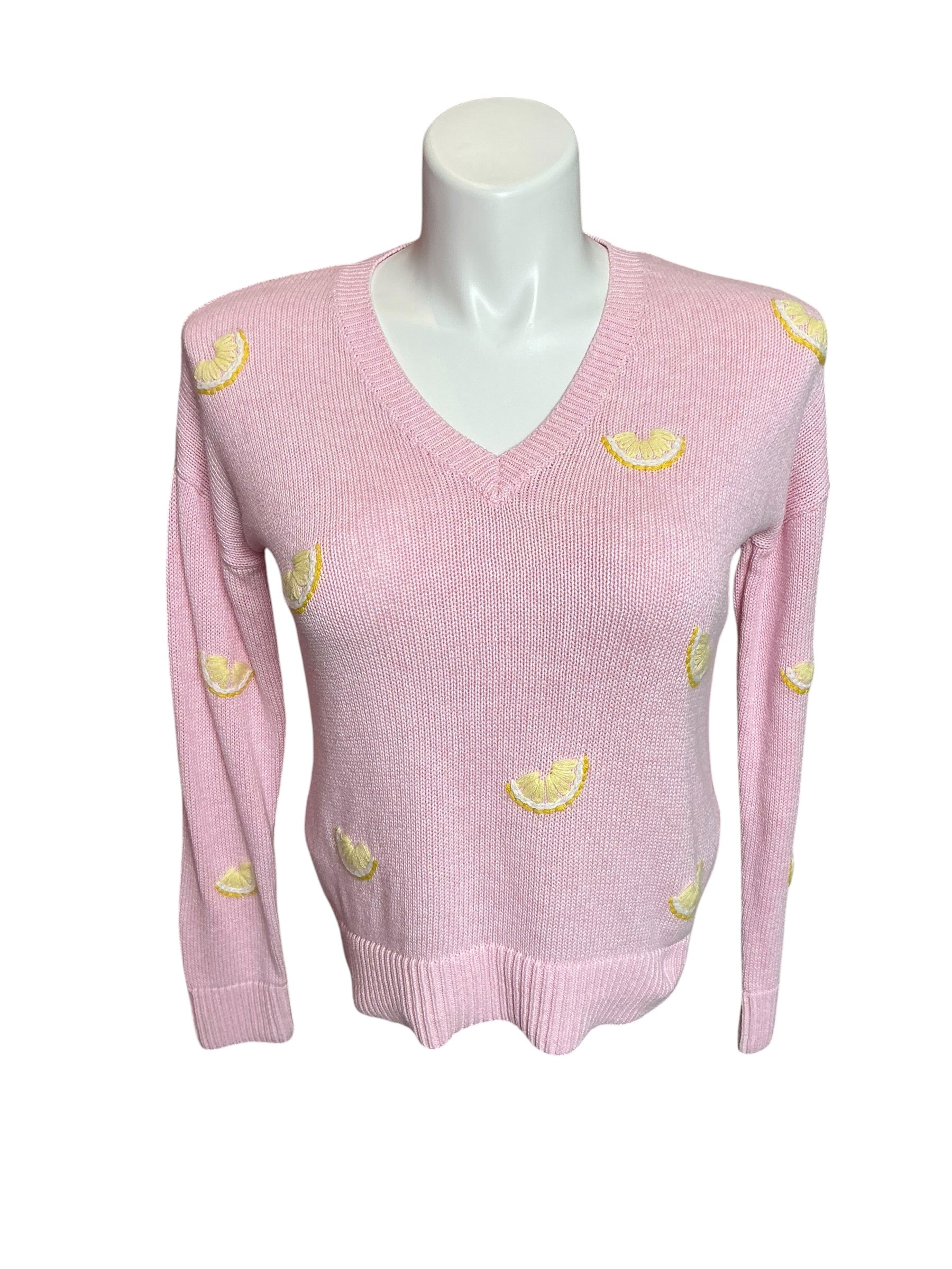 Lilly Pulitzer Tensley V-Neck Sweater Heathered Pink Muse Fresh Squeezed Embroidery - Size S
