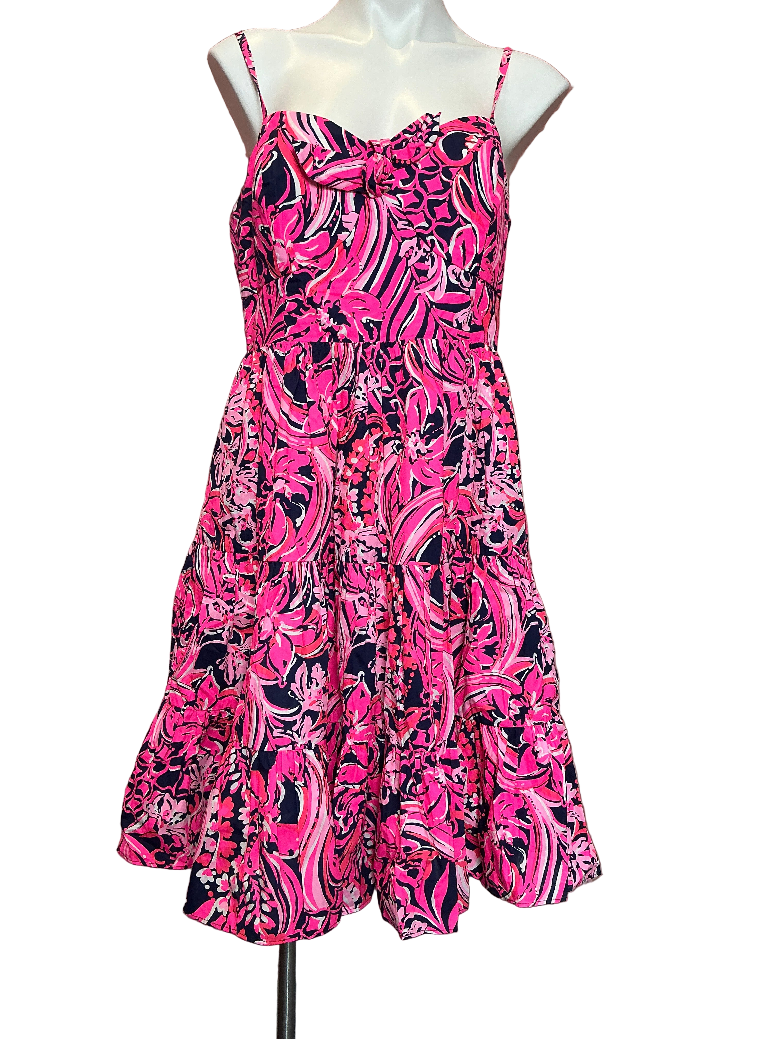 Lilly Pulitzer Adalia Knee Length Cotton Dress Low Tide Navy Flirty Fins and Feathers Size 12