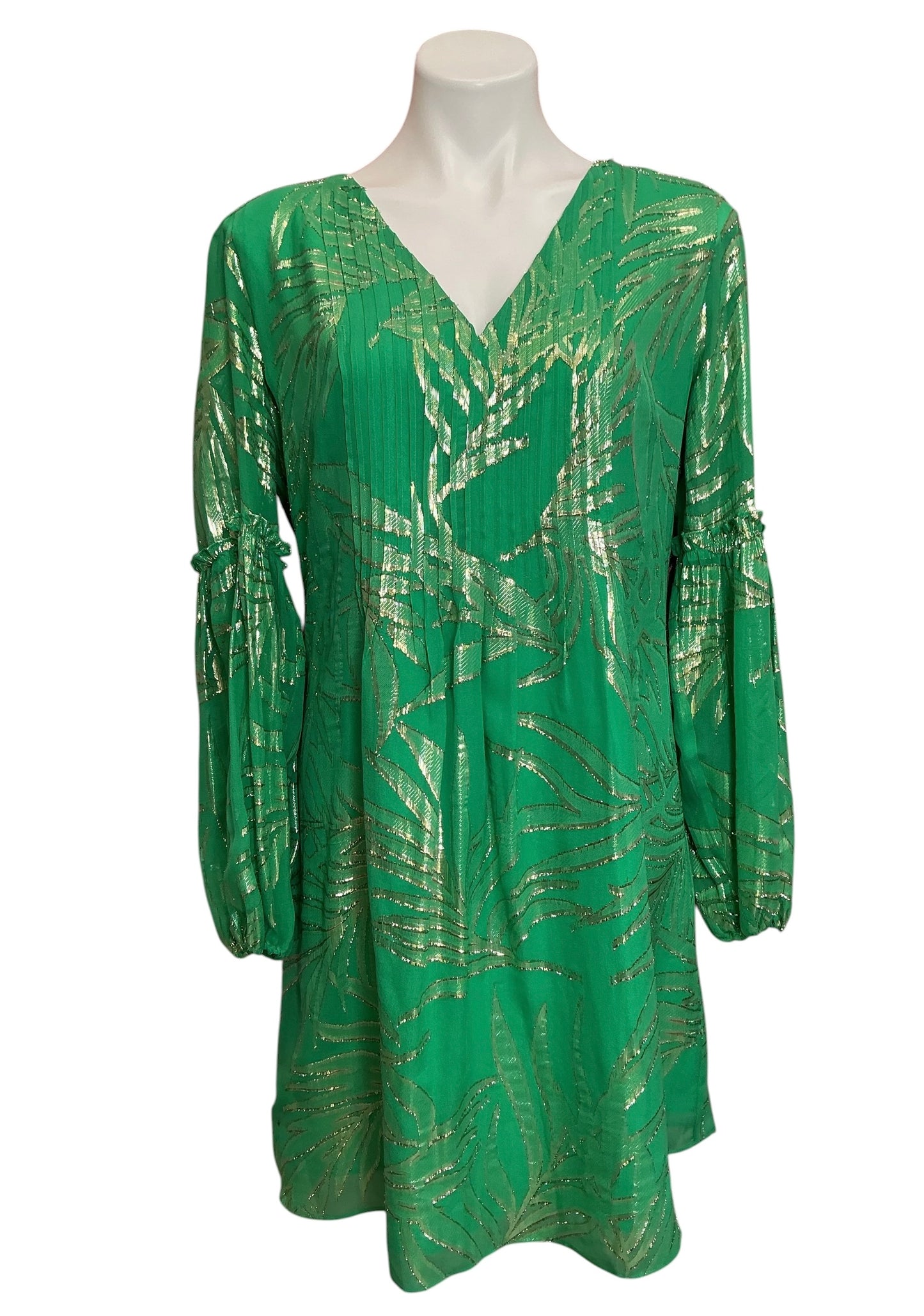 Lilly Pulitzer Cleme Silk Dress Botanical Green Palm Leaf Clip Chiffon - Size 10