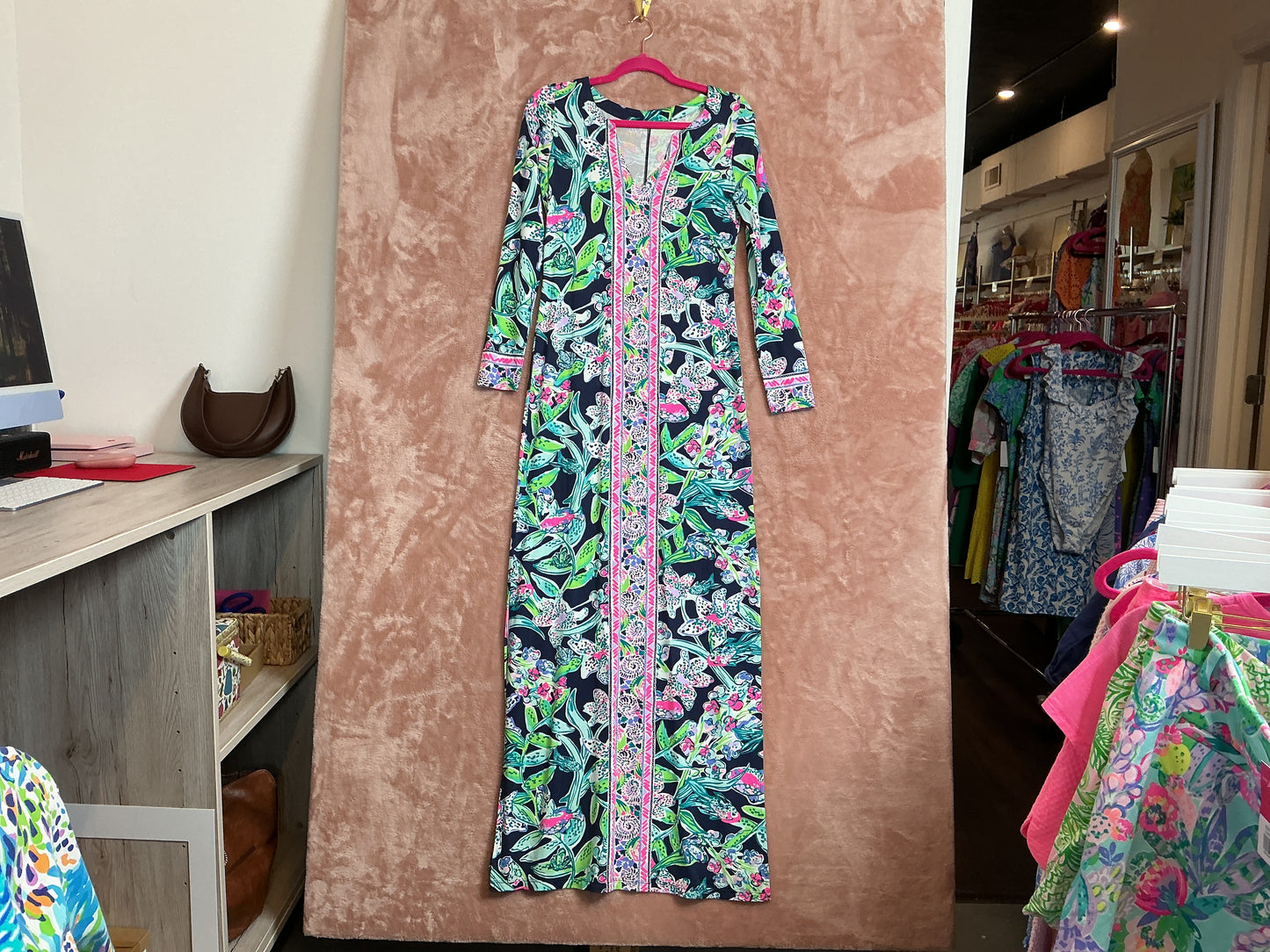 Lilly Pulitzer NWT UPF 50+ Faye Maxi Dress Bright Navy Sway This Way Engineered Maxi -Size XS