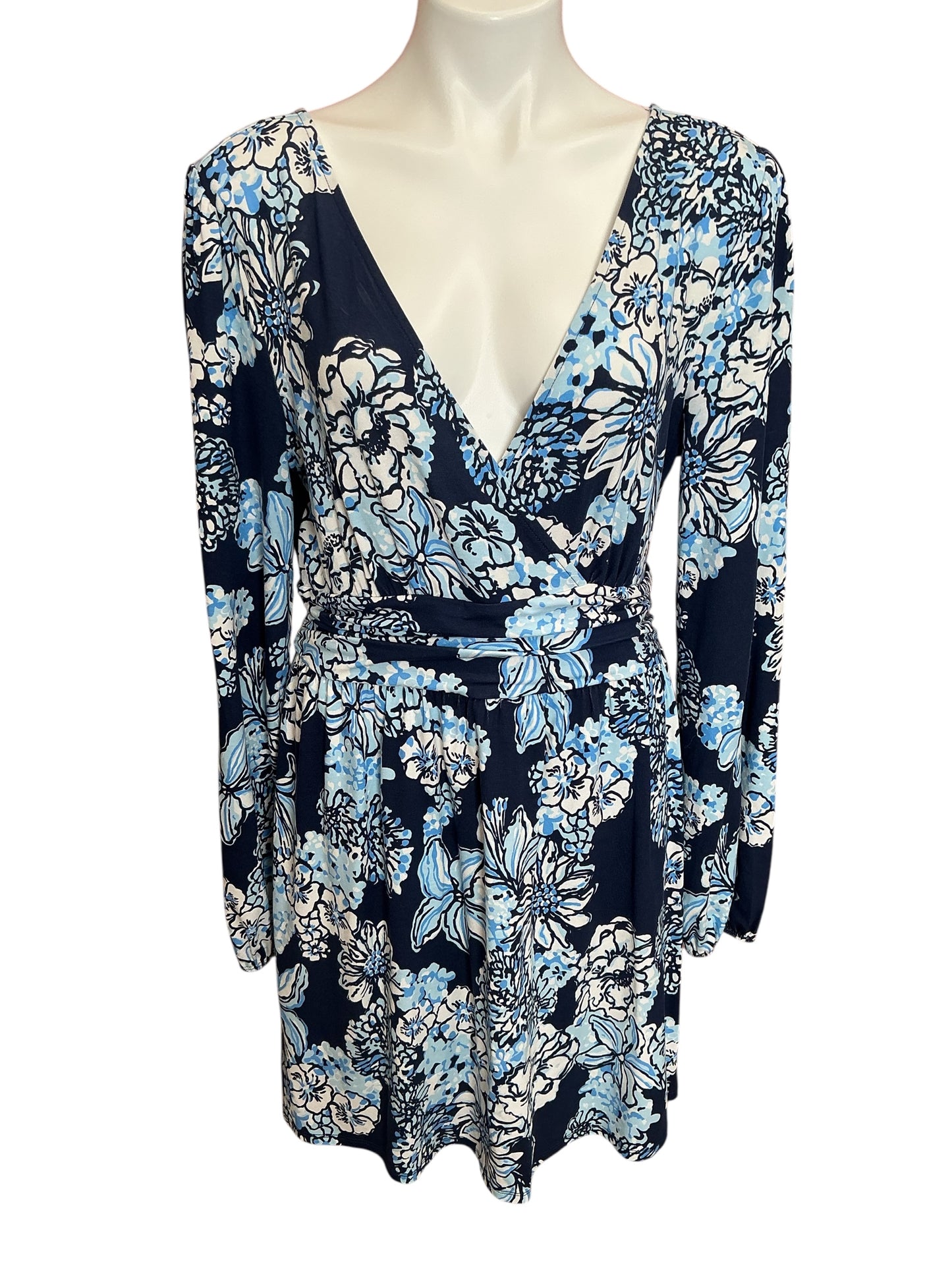 Lilly Pulitzer Riza Long Sleeve Romper Low Tide Navy Bouquet All Day - Size L