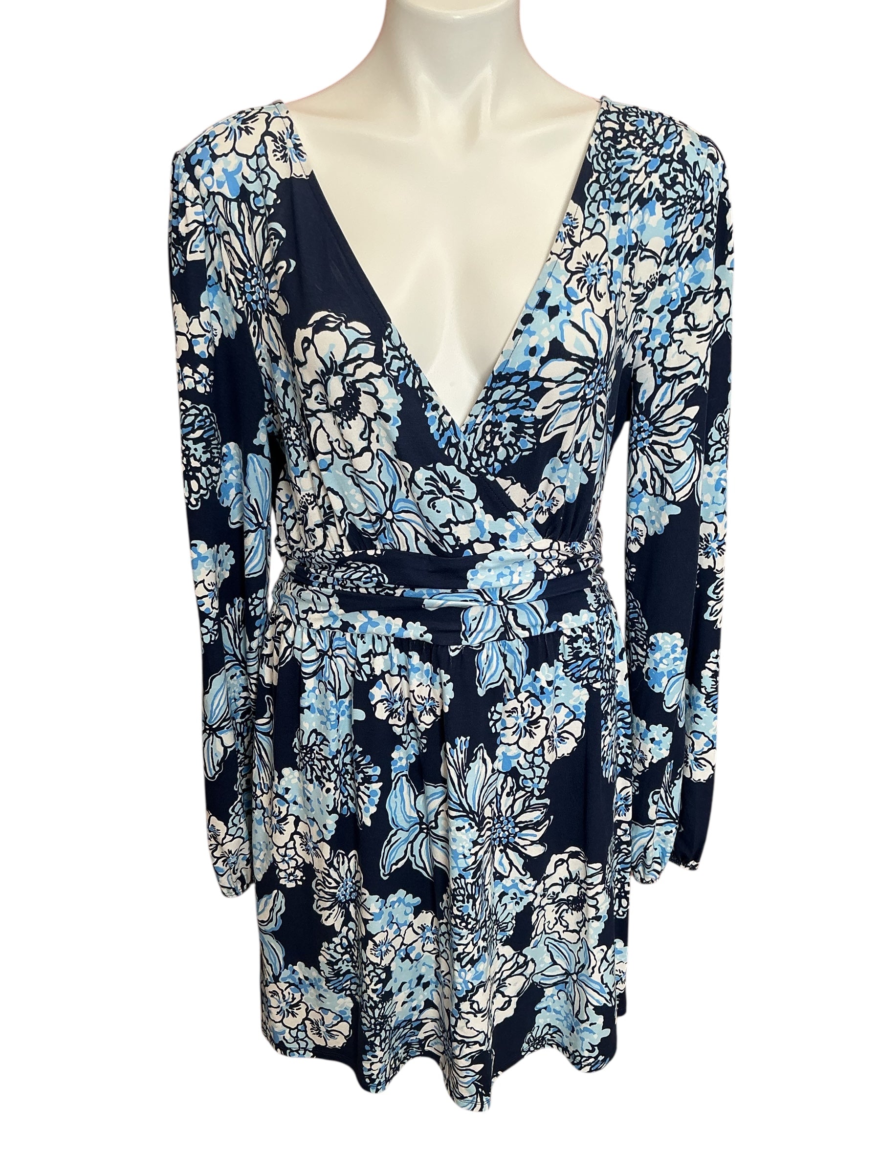 Lilly Pulitzer Riza Long Sleeve Romper Low Tide Navy Bouquet All Day - Size L