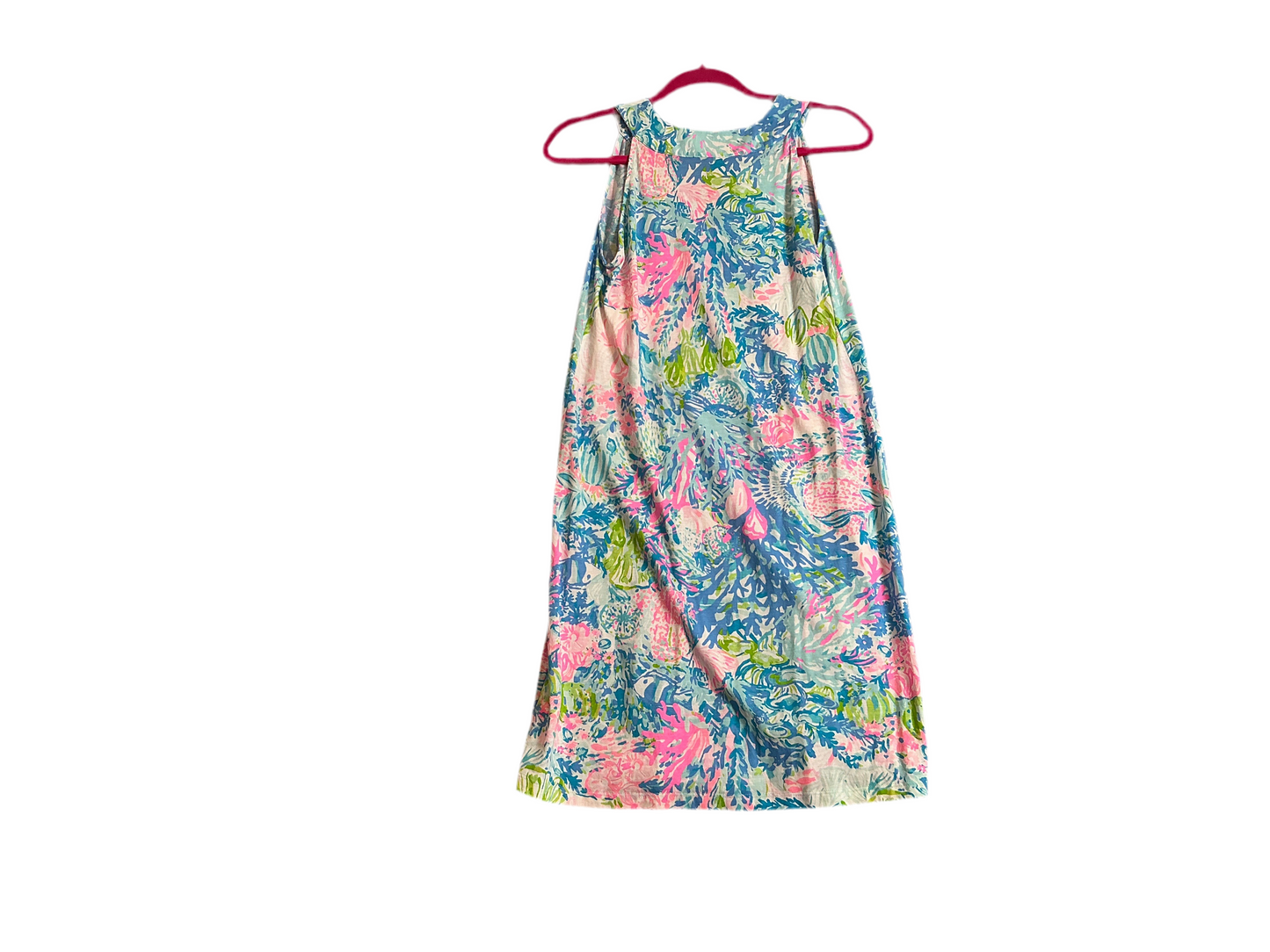 Lilly Pulitzer Ross dress in the "Fished My Wish" print, featuring a blue and pink pattern - Size XS