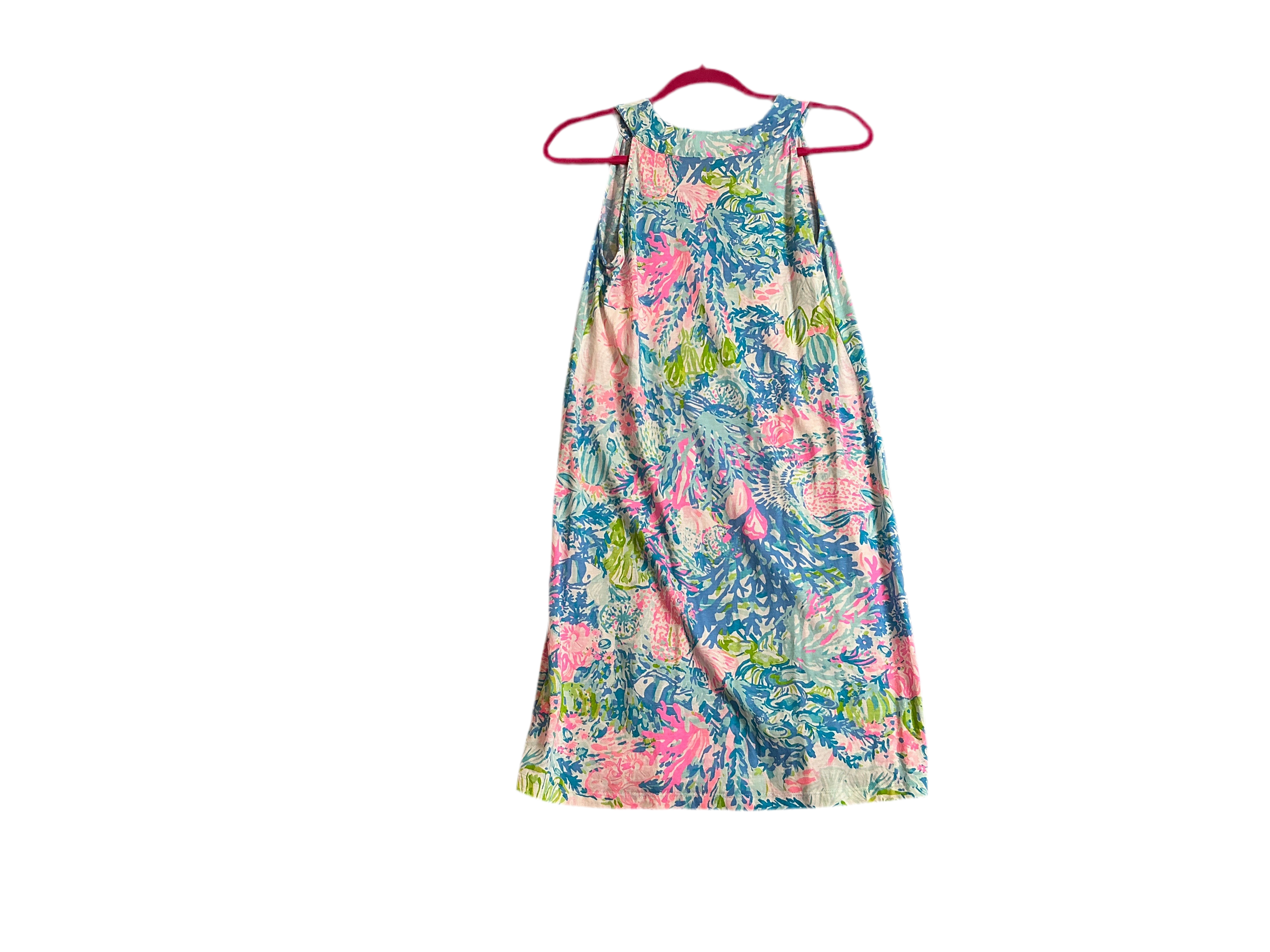 Lilly Pulitzer Ross dress in the "Fished My Wish" print, featuring a blue and pink pattern - Size XS