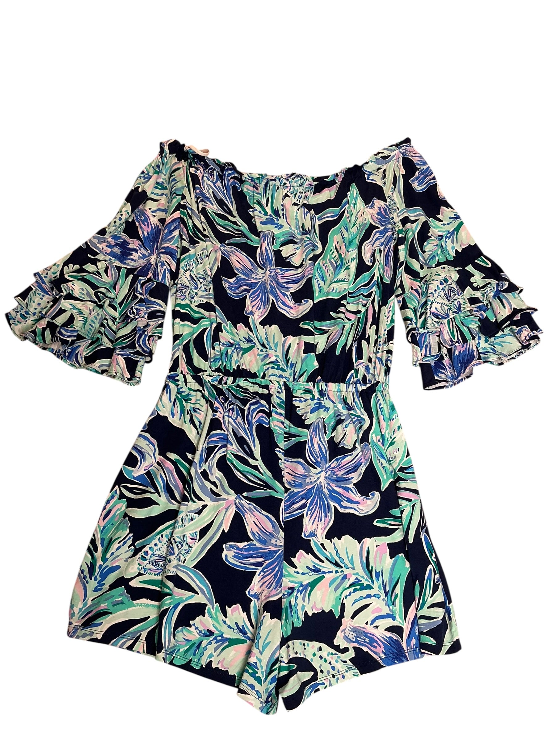 Lilly Pulitzer Calla Off-The-Shoulder Romper High Tide Navy Ready Set Gecko - Size L