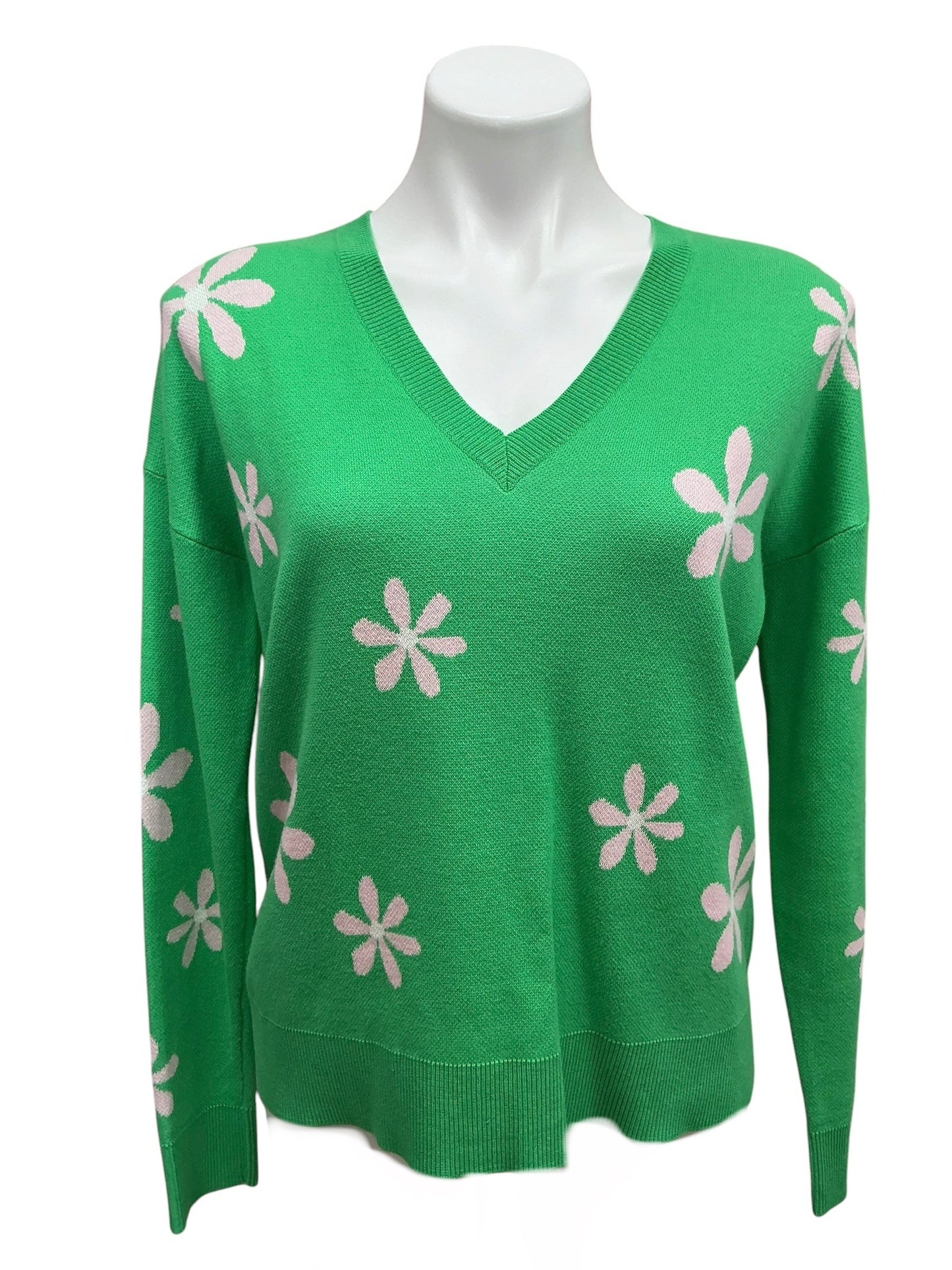 Lilly Pulitzer Tensley V Neck Sweater Spearmint Blossom Jacquard - Size S