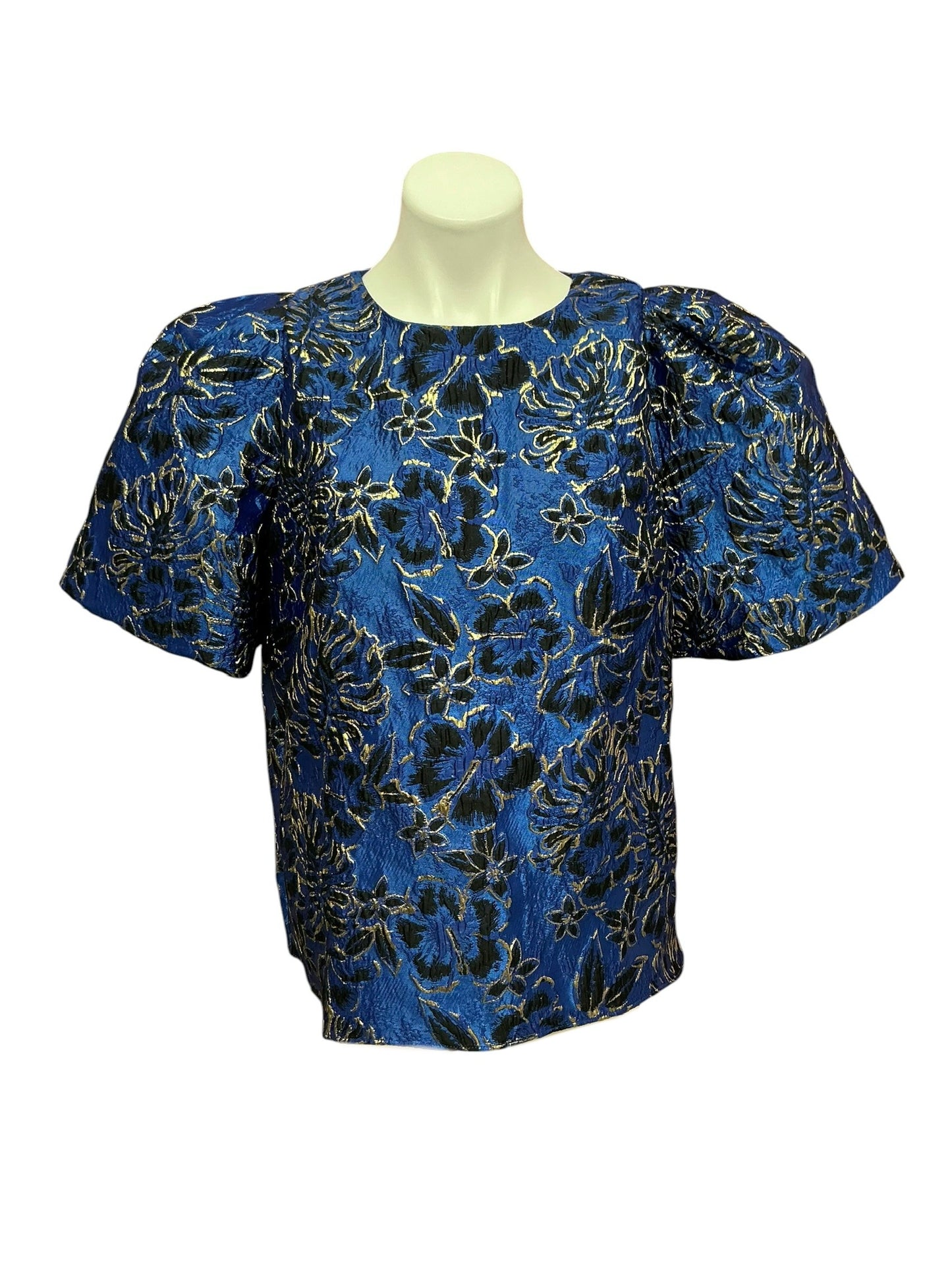Lilly Pulitzer Pratt Short Sleeve Top Blue Grotto Twilight Floral Brocade - Size L