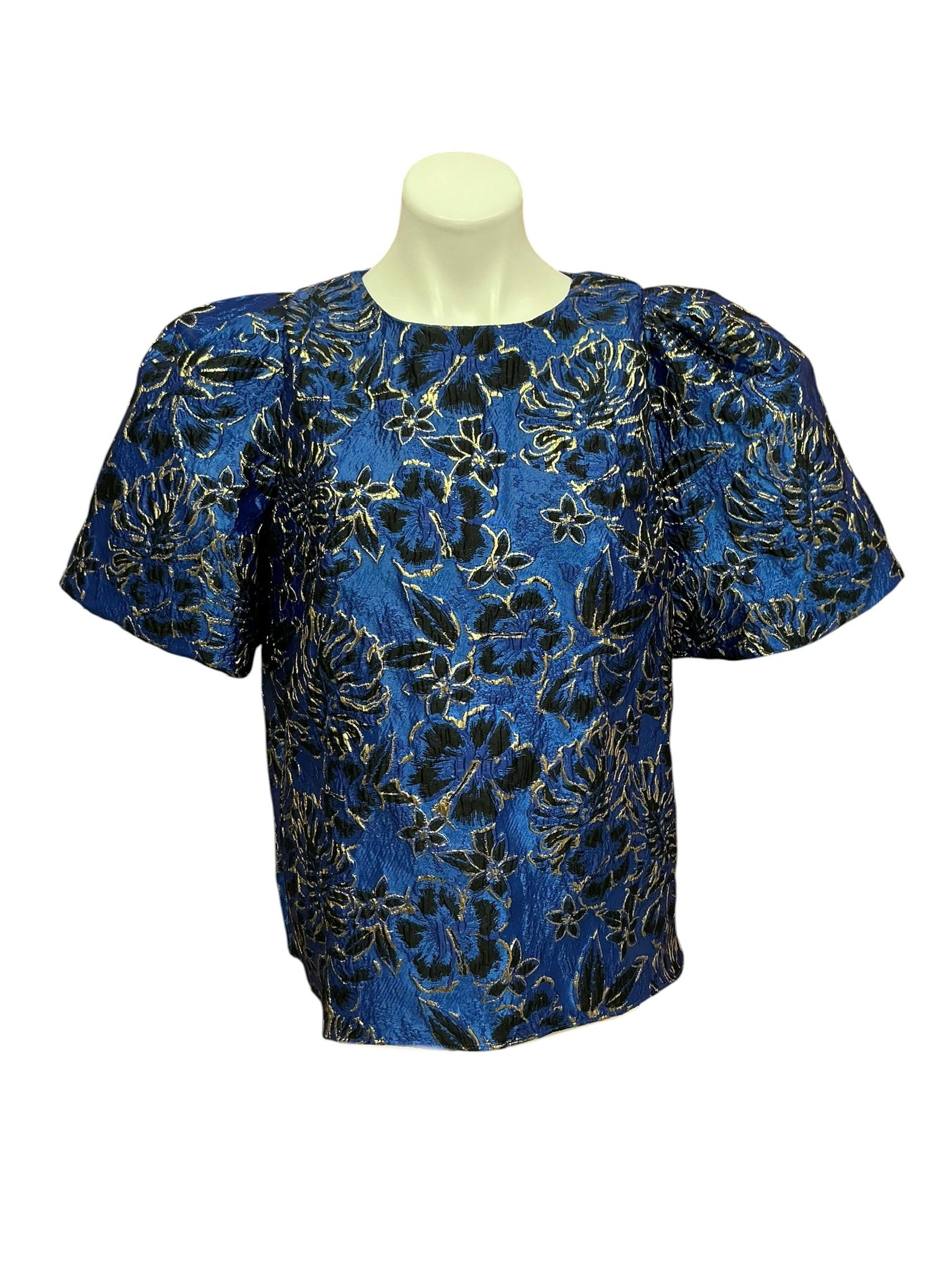 Lilly Pulitzer Pratt Short Sleeve Top Blue Grotto Twilight Floral Brocade - Size L