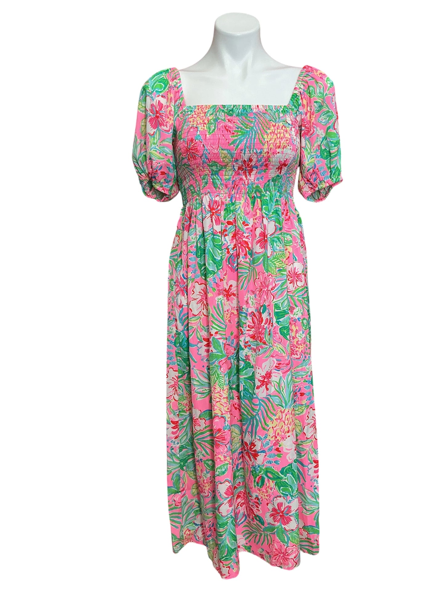 Lilly Pulitzer NWT Selah Short Sleeve Smocked Midi Dress Multi Journey To The Jungle - Size XS