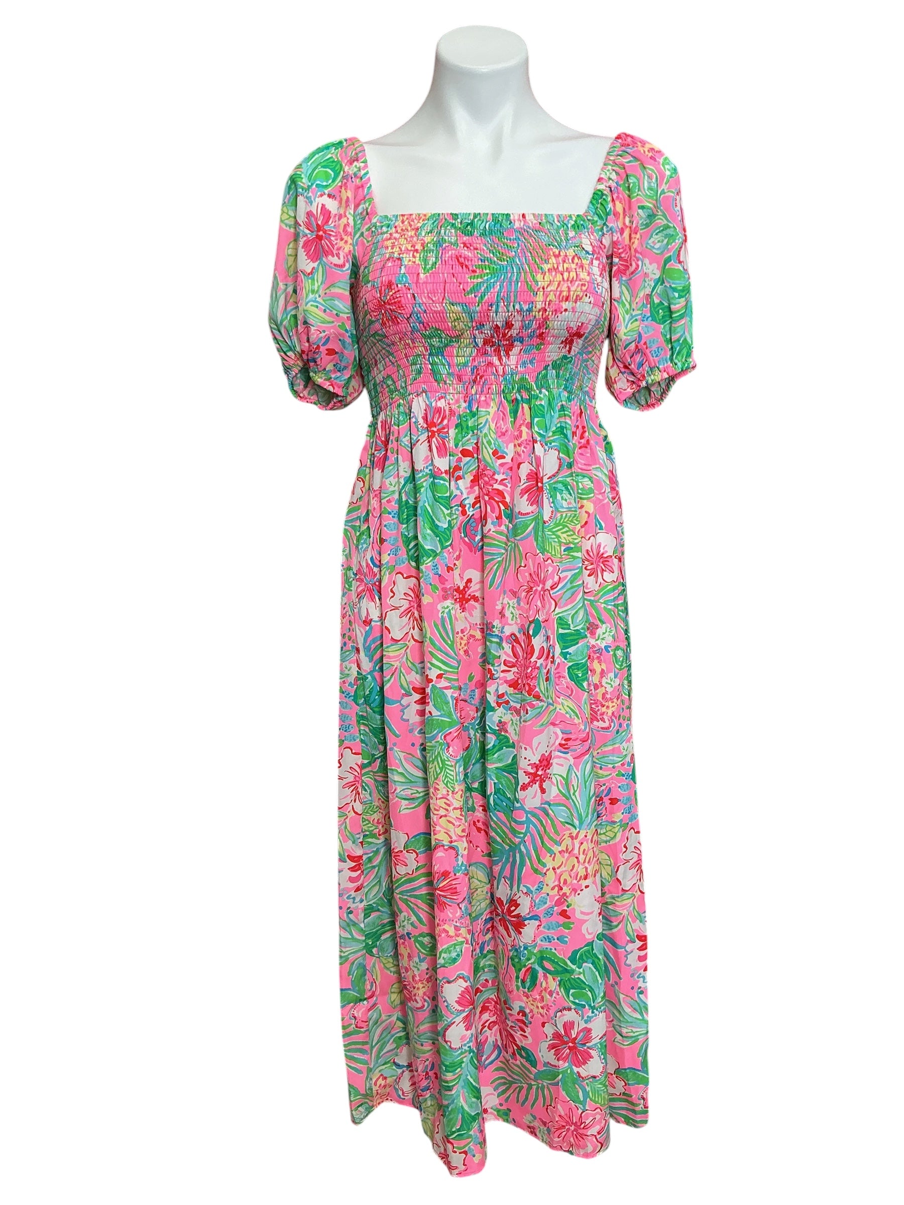 Lilly Pulitzer NWT Selah Short Sleeve Smocked Midi Dress Multi Journey To The Jungle - Size XS