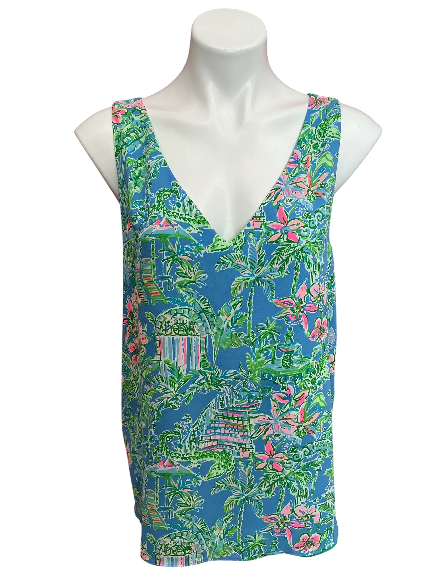 Lilly Pulitzer Florin Sleeveless V Neck Reversible Tank Top Boca Blue Beneath The Bougainvillea - Size XL