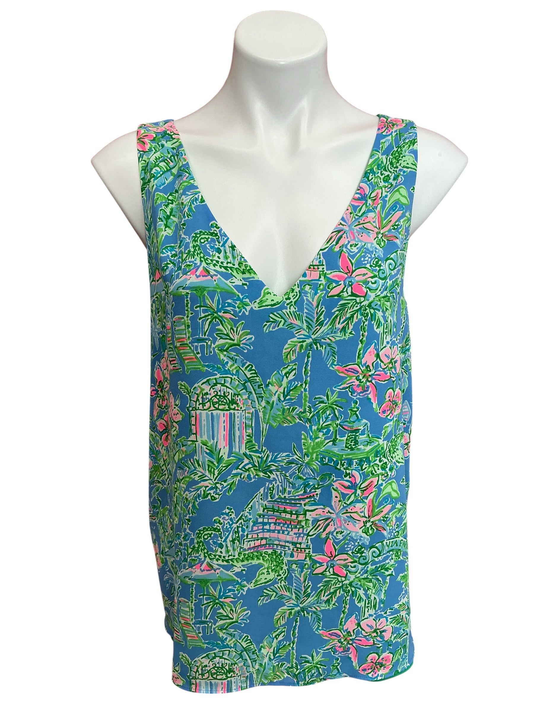 Lilly Pulitzer Florin Sleeveless V Neck Reversible Tank Top Boca Blue Beneath The Bougainvillea - Size XL