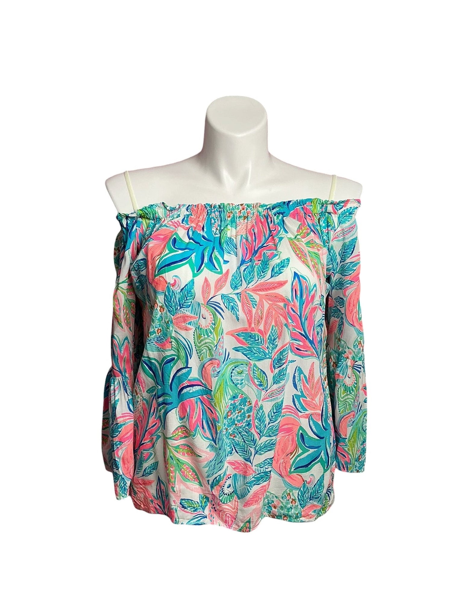 Lilly Pulitzer- Nevie Off-The-Shoulder Top Resort White Toucan Do It Better Size M