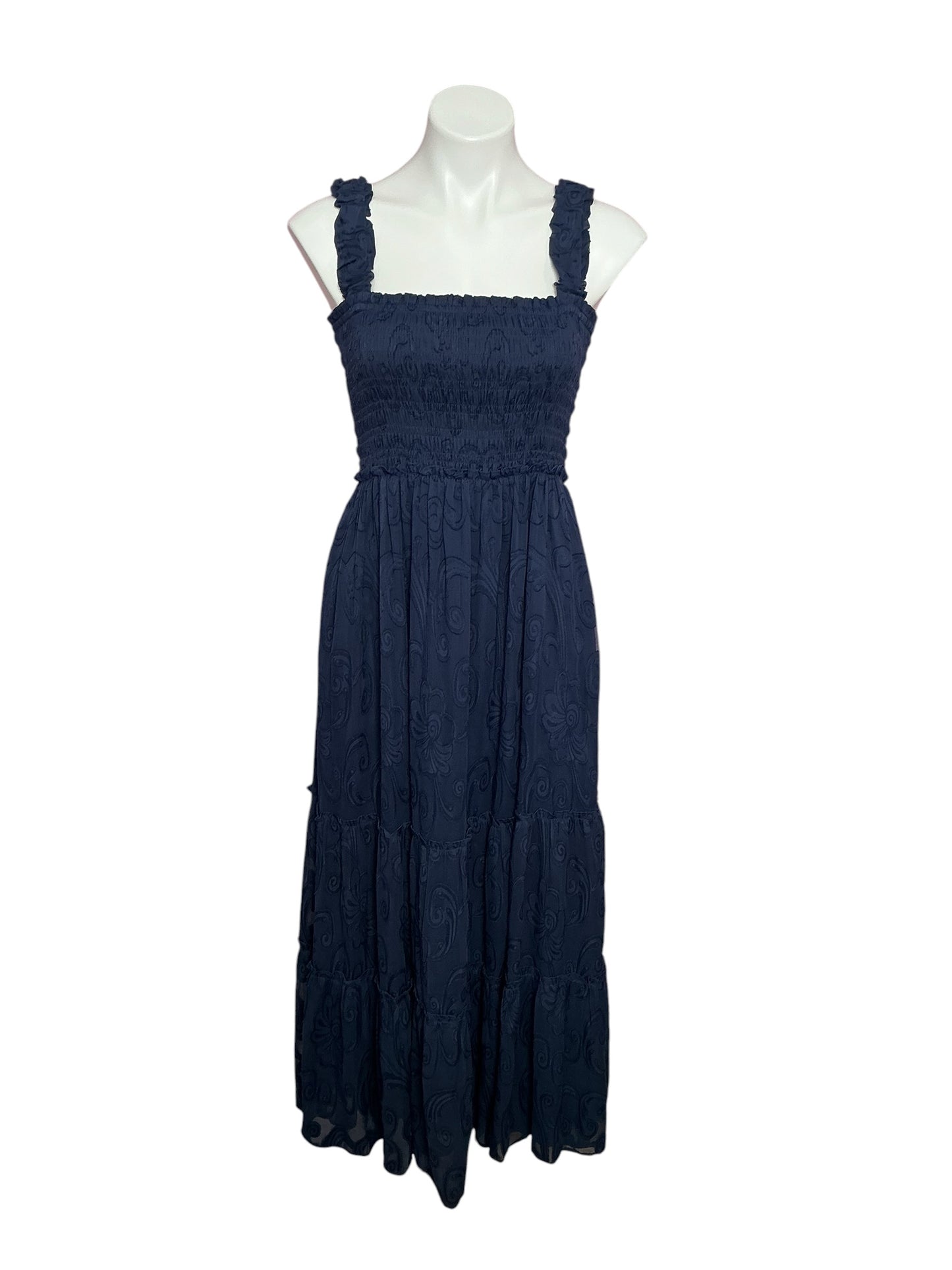 Lilly Pulitzer Hadly Smocked Maxi Dress True Navy Poly Crepe Swirl Clip - Size M
