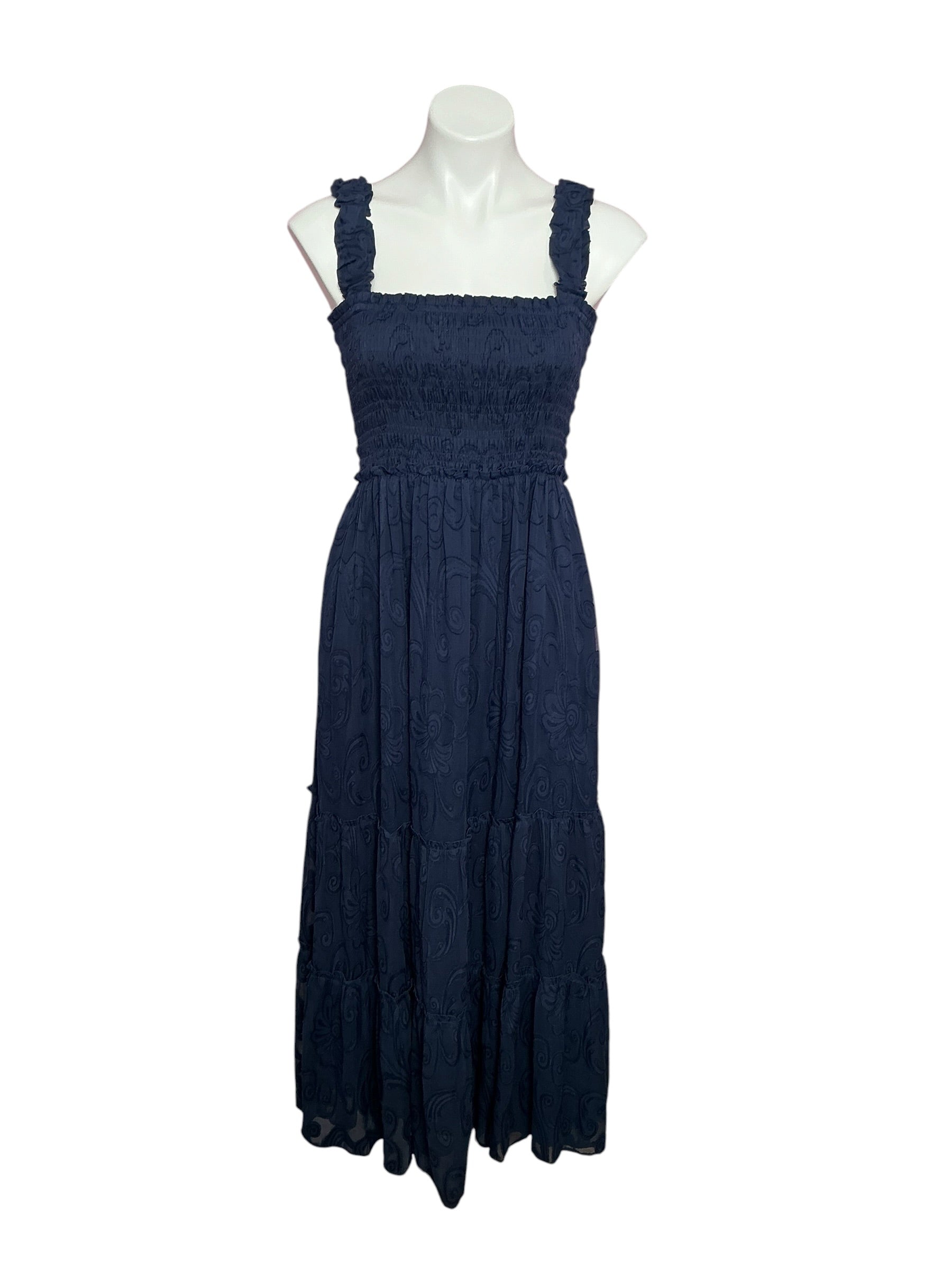 Lilly Pulitzer Hadly Smocked Maxi Dress True Navy Poly Crepe Swirl Clip - Size M