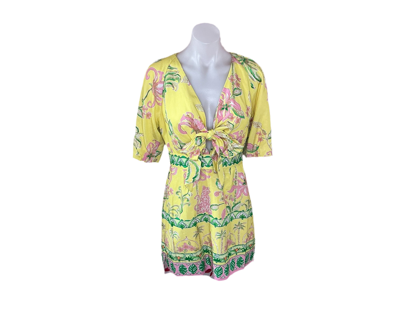 Lilly Pulitzer NWT - Soumya Short-Sleeve Romper - Finch Yellow Tropical Oasis Engineered Romper - Size 2