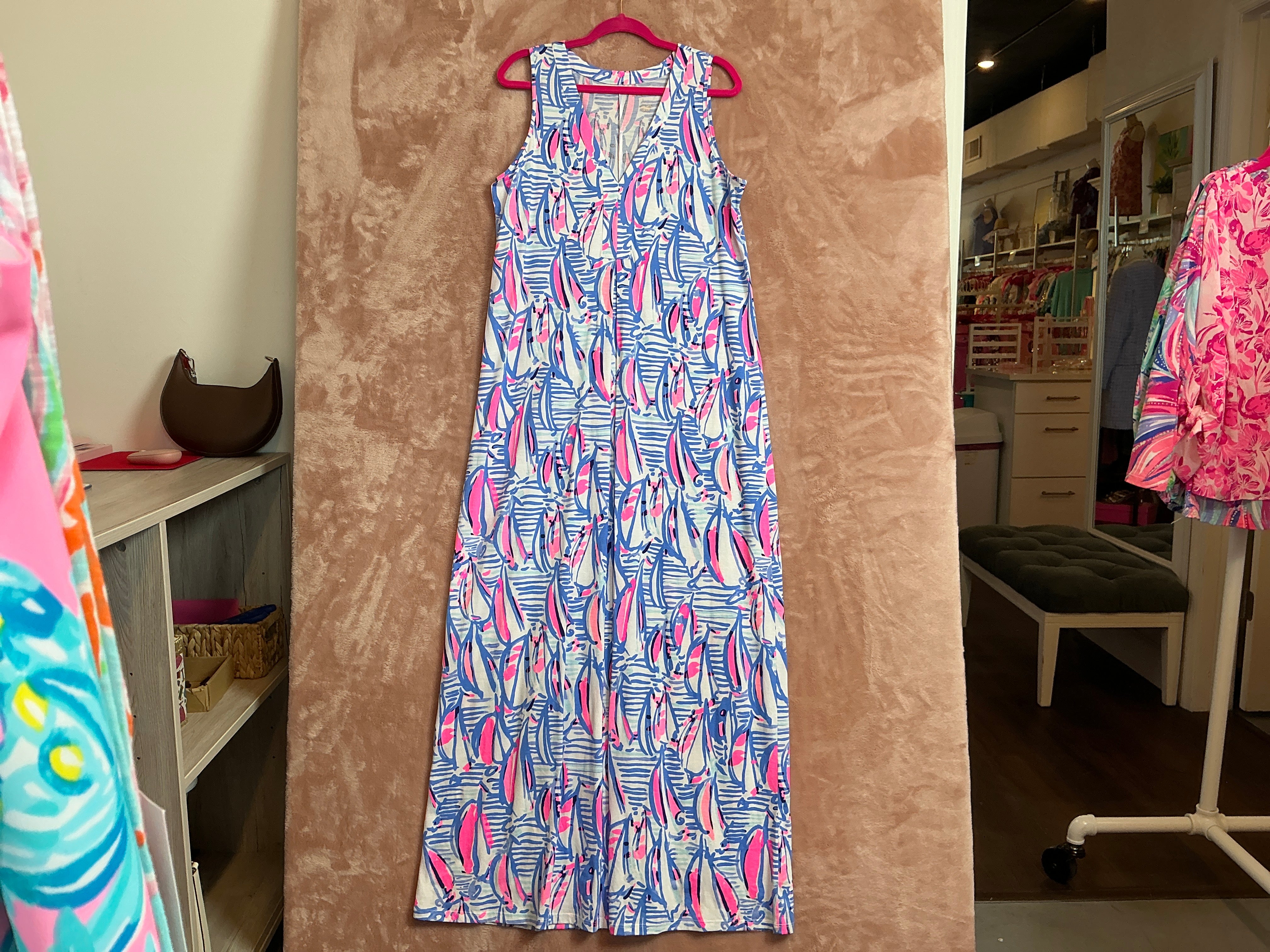 Lilly Pulitzer NWT Amina Maxi Dress Blue Haven Pop Up Red Right Return - Size L