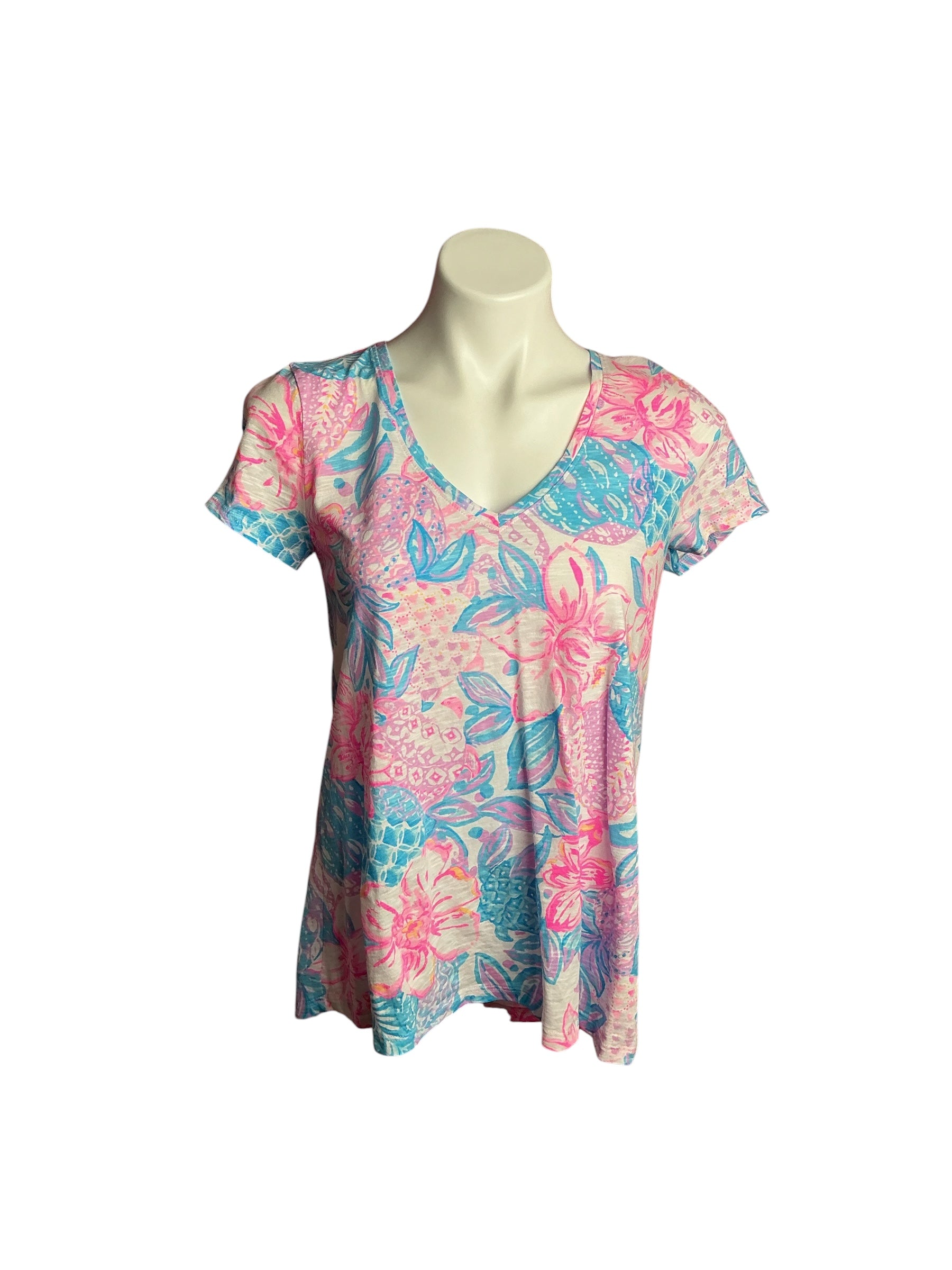 Lilly Pulitzer- Etta V-Neck Top Pink Isle Snappy Turtle Size XS