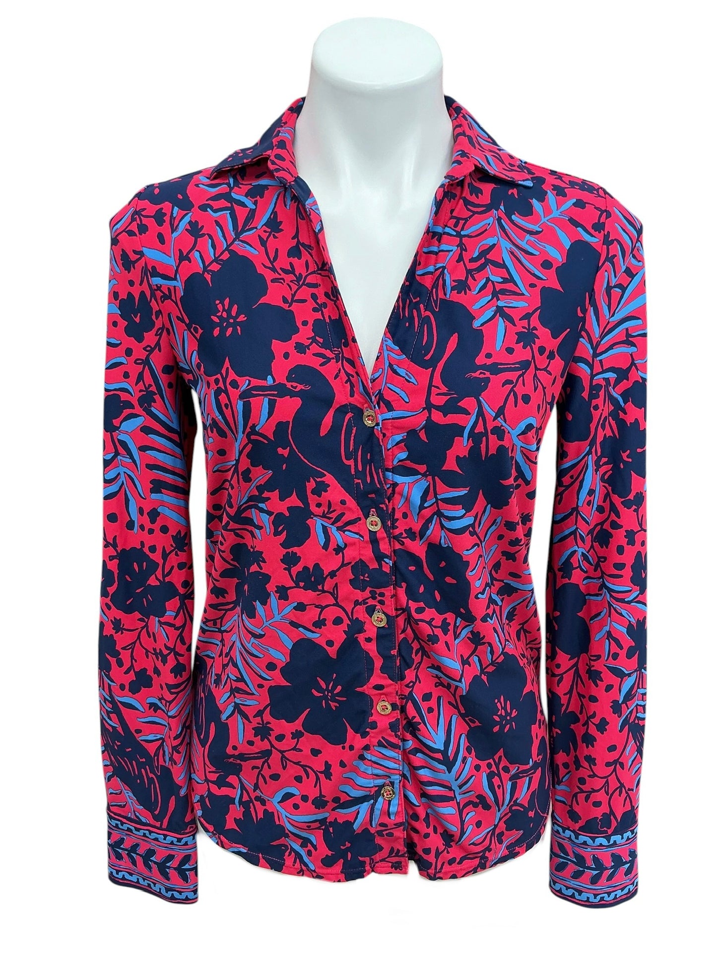 Lilly Pulitzer Marlena Button Down Top Ruby Red Heron My Own Engineered - Size S