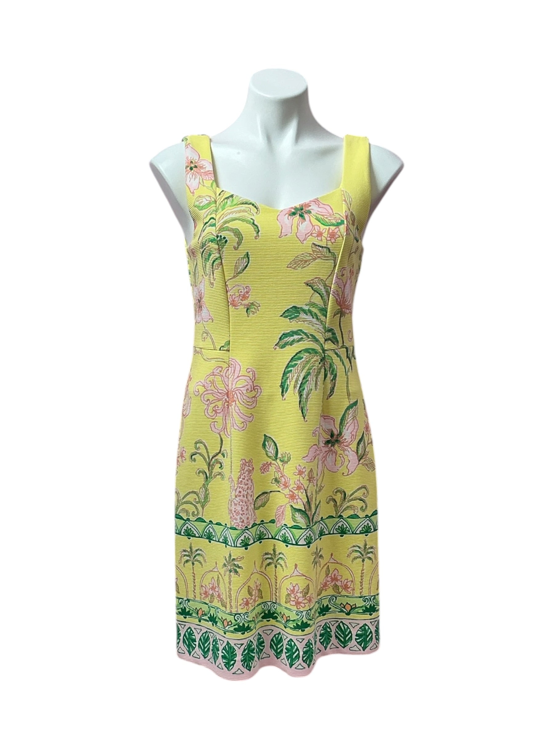 Lilly Pulitzer Del Rey Stretch Shift Dress Finch Yellow Tropical Oasis Engineered Knit - Size S