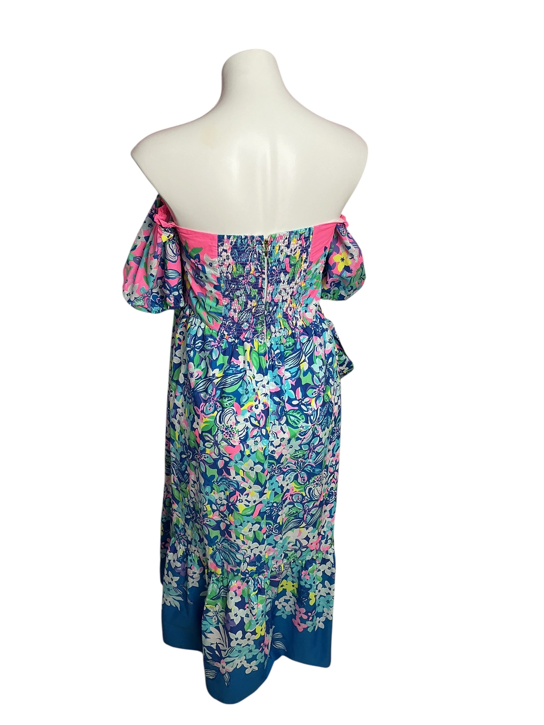 Lilly Pulitzer Zalie Off-The-Shoulder Midi Dress Borealis Blue Social Sunset - Size 10