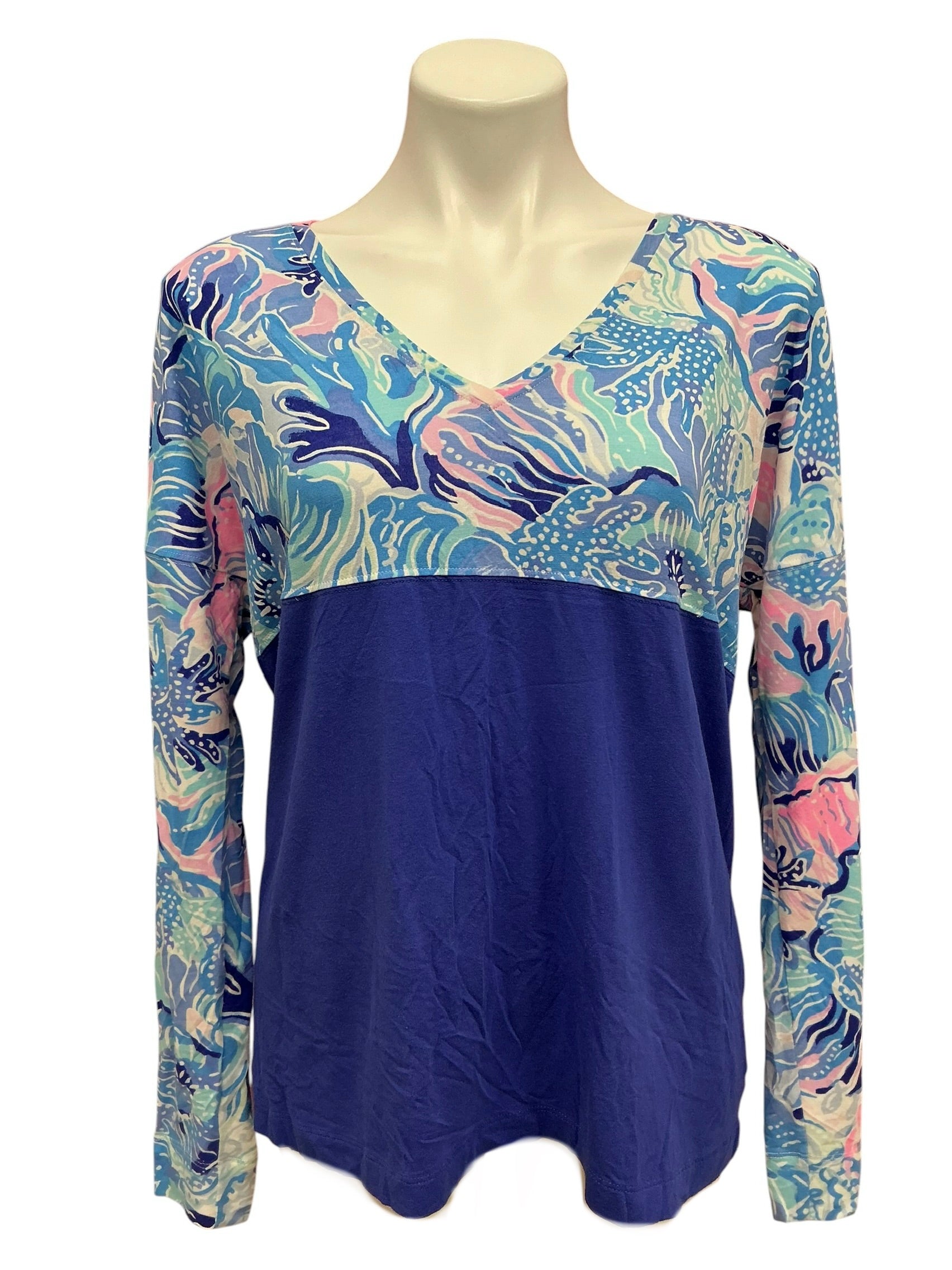 Lilly Pulitzer Finn V Neck Top Saltwater Blue Shade Seekers - Size M