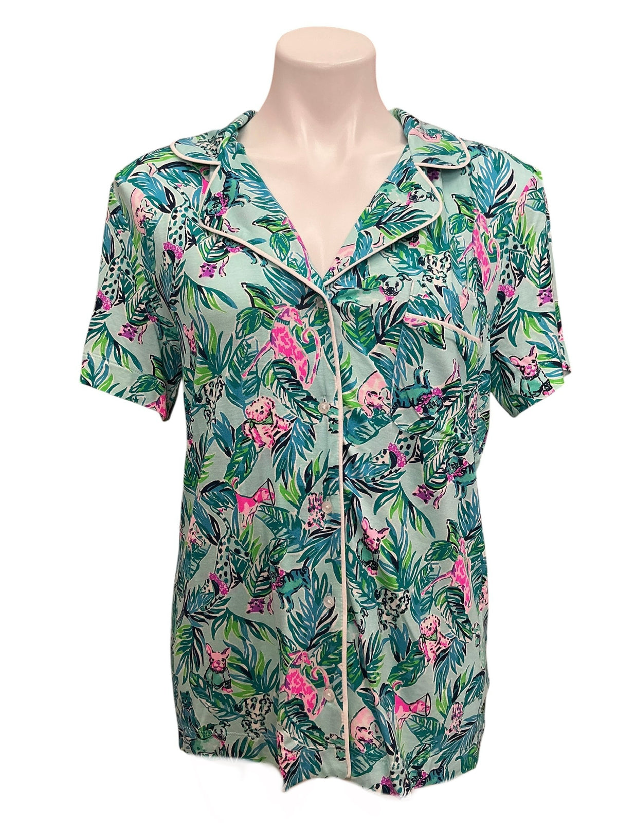 Lilly Pulitzer NWT PJ Knit Button Up Tee Sea Salt Blue Barking Up The Palm Tree - Size L