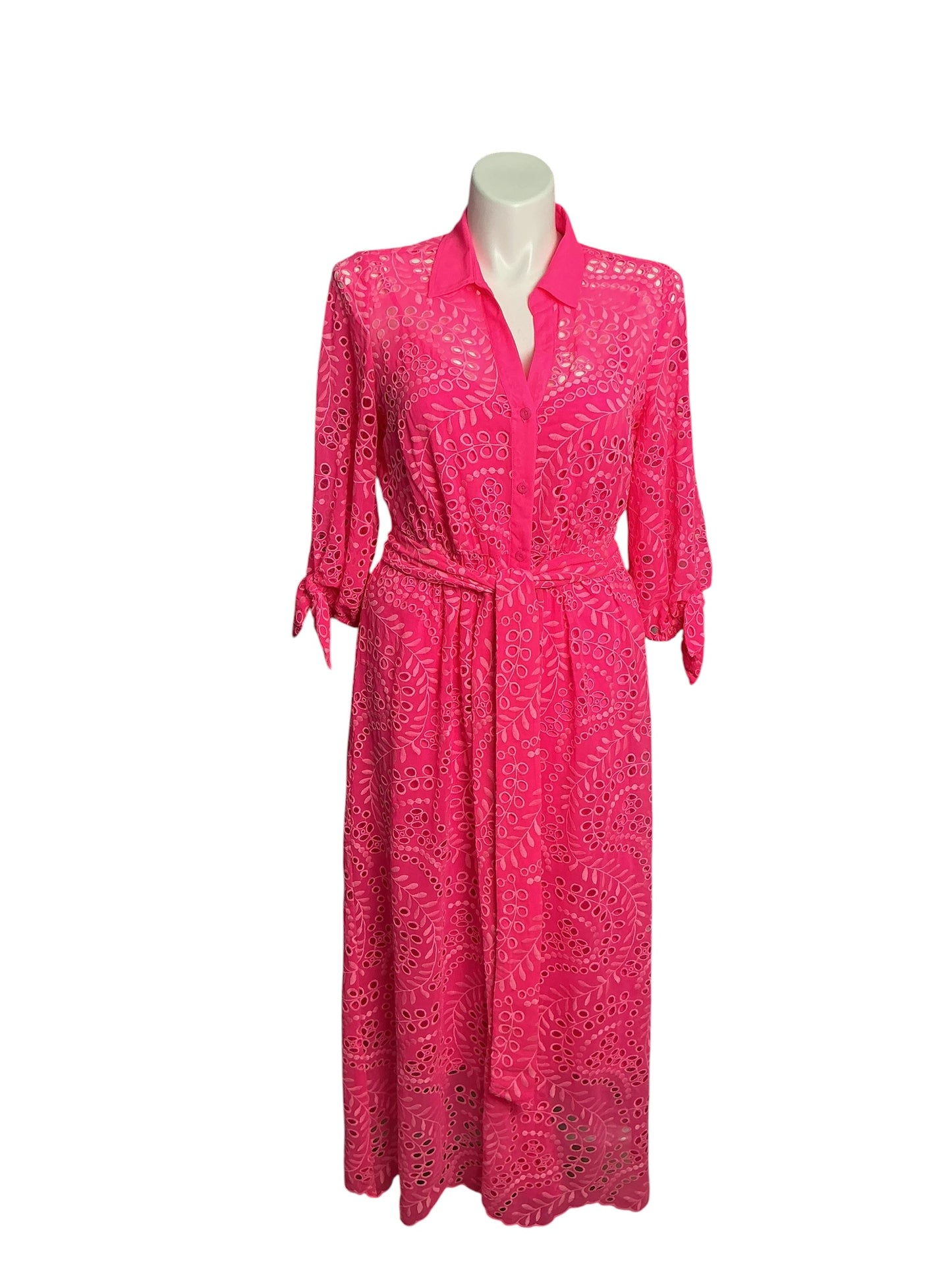 Lilly Pulitzer- Amrita Midi Shirtdress Pink Isle Swirly Fern Scalloped Eyelet Size 14
