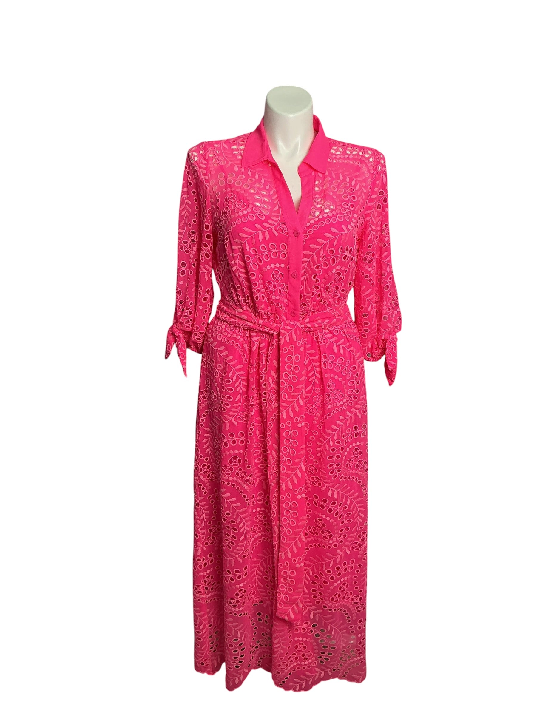 Lilly Pulitzer- Amrita Midi Shirtdress Pink Isle Swirly Fern Scalloped Eyelet Size 14