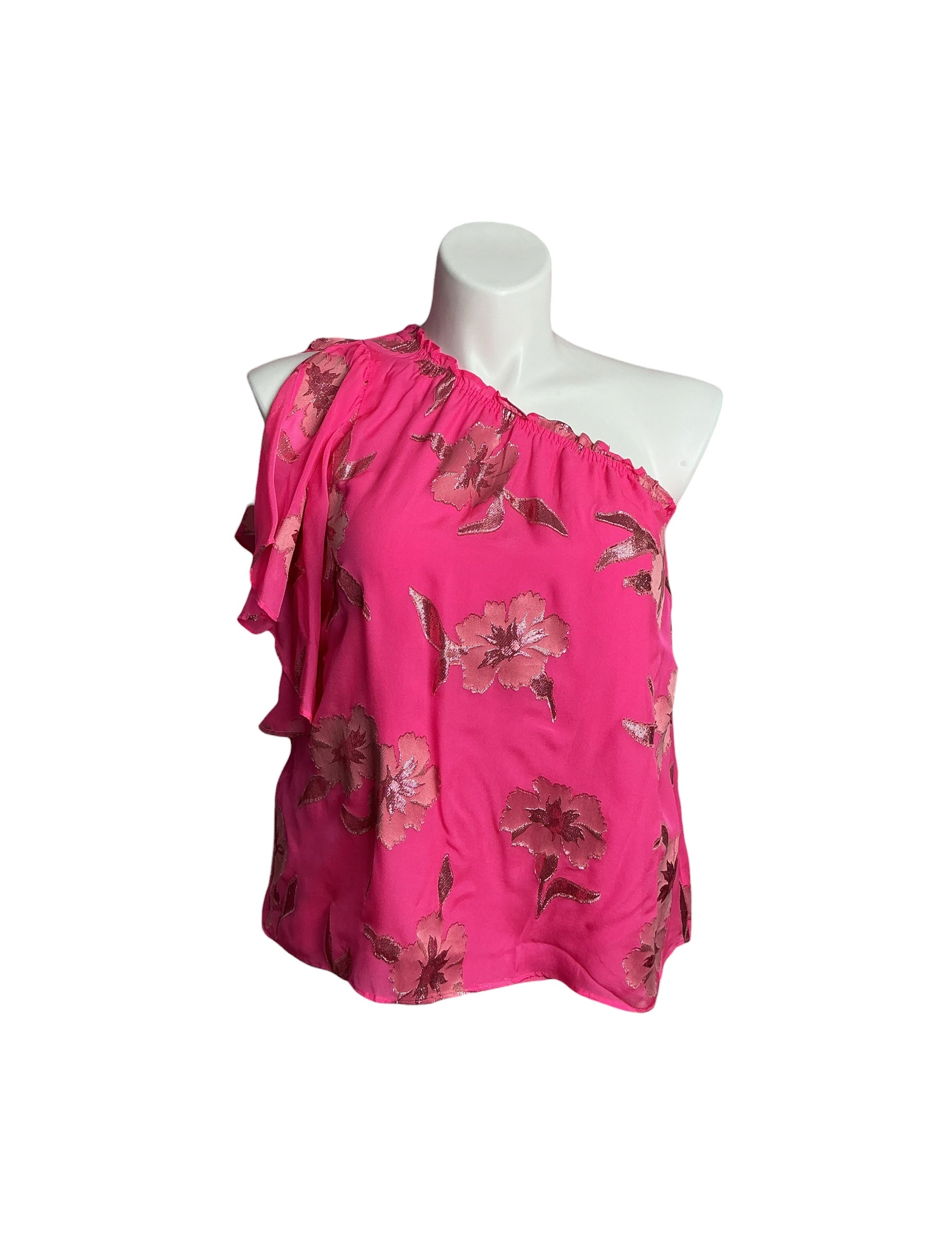 Lilly Pulitzer- NWT Sarahleigh One Shoulder Top Roxie Pink Anniversary Pink Silk Clip Size L
